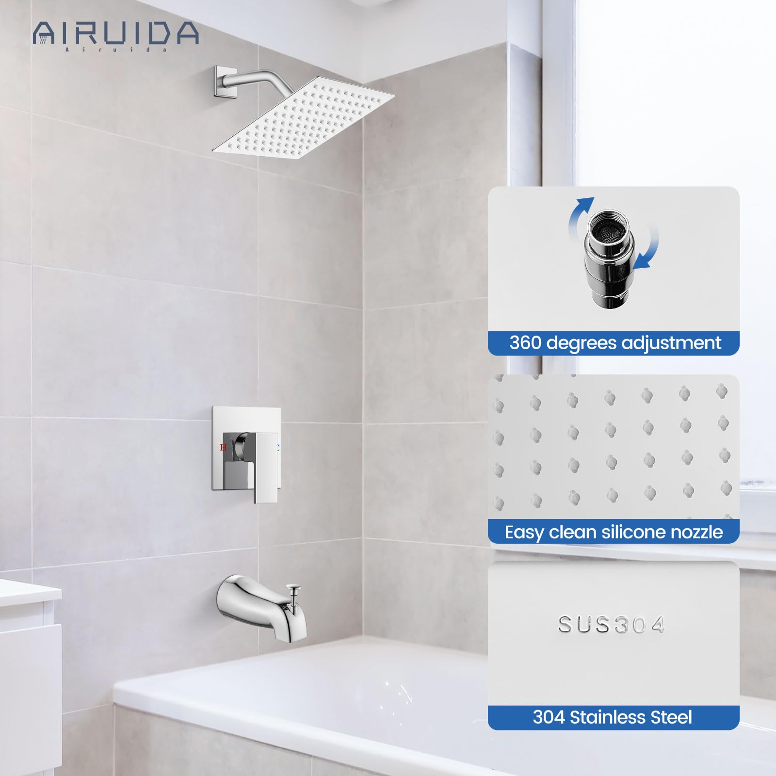 Airuida Shower Faucet Set with 8 Inch Rainfall Square Showerhead and Tub Spout Bathtub Faucet Kit Shower Tub Faucet Set Complete Tub Shower Trim Kit with Solid Brass Rough-in Valve Matte Black