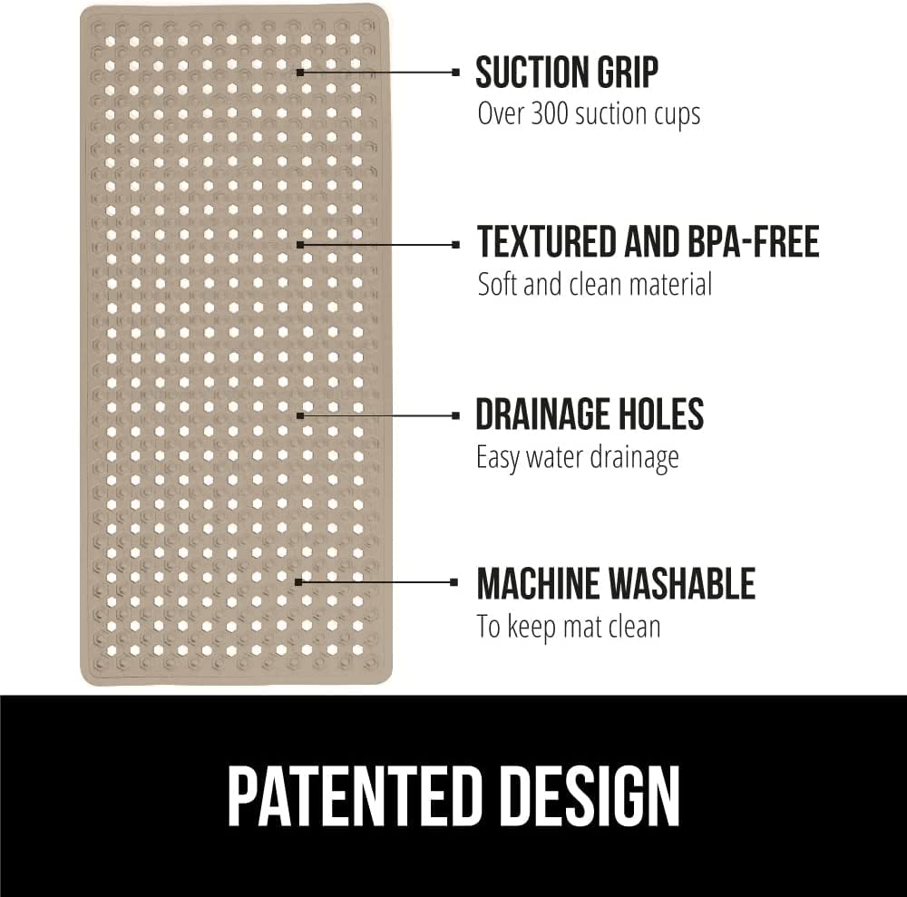 Gorilla Grip Patented Bathmat, 35x16, Clear, Bathtub Shower Mat, Plastic, Hexagon, Soft on Feet, Machine Washable, Suction Cups, Drainage Holes, BPA Free, Long Bath Tub Floor Mats