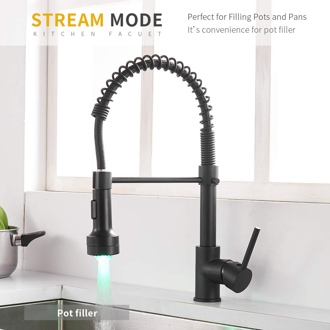 AIMADI Black Kitchen Faucet with Sprayer - Commercial Faucet Kitchen Single Handle Spring Pull Down Kitchen Sink Faucet with LED Light,Matte Black