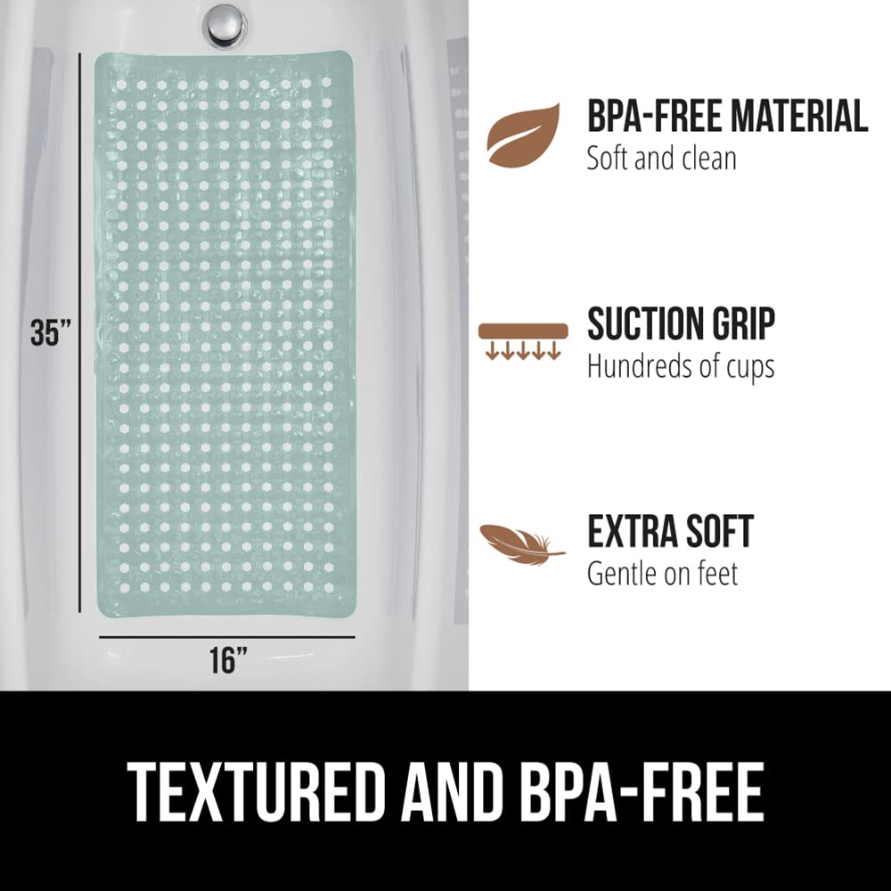 Gorilla Grip Patented Bathmat, 35x16, Clear, Bathtub Shower Mat, Plastic, Hexagon, Soft on Feet, Machine Washable, Suction Cups, Drainage Holes, BPA Free, Long Bath Tub Floor Mats