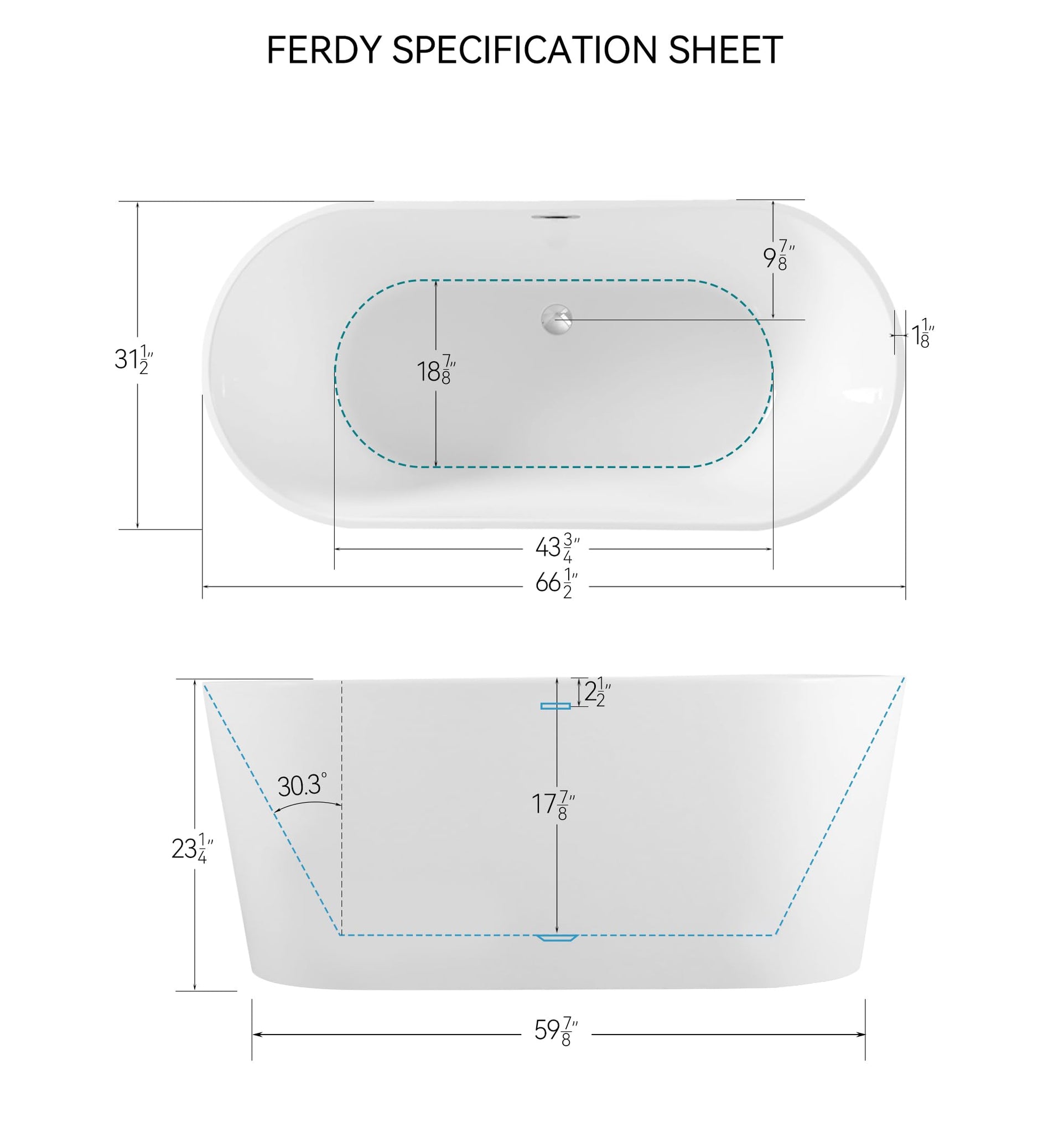 FerdY Shangri-La 67" Acrylic Freestanding Bathtub, Classic Oval Shape Acrylic Soaking Bathtub with Brushed Nickel Drain & Minimalist Linear Design Overflow, Modern White, cUPC Certified