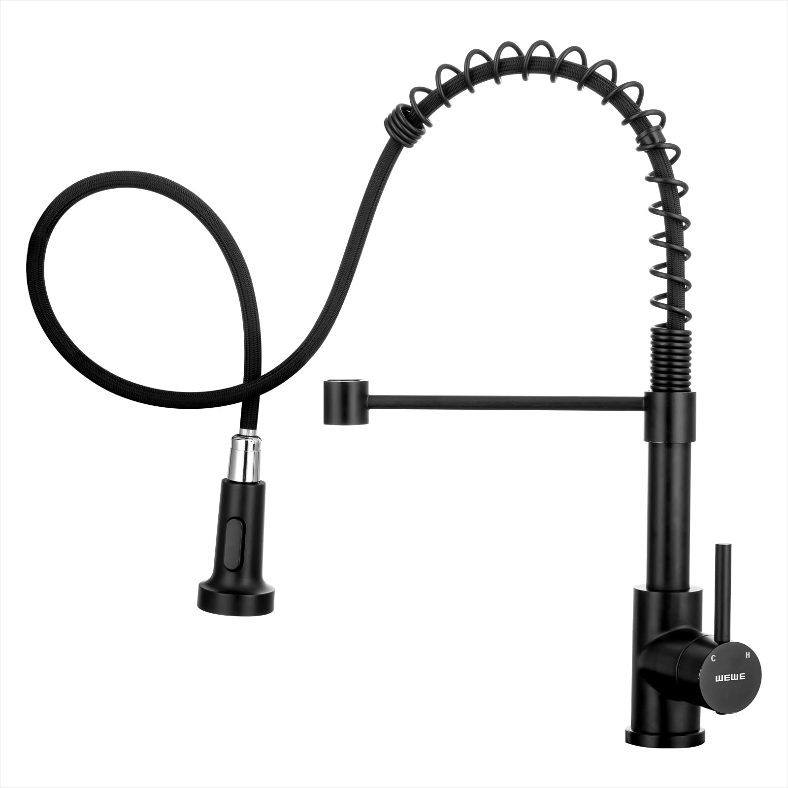 WEWE Kitchen Faucets with Pull Down Sprayer Commercial Industrial Stainless Steel Single Handle Single Hole Spring Farmhouse RV Sink Faucet, Matte Black