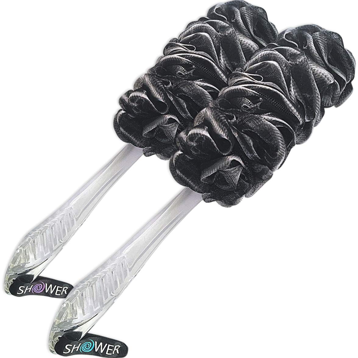 Loofah-Charcoal Back-Scrubber & Bath-Sponges by Shower Bouquet: 1 Long-Handle-Back-Brush Plus 2 Extra Large 75g Soft Mesh Poufs, Men & Women - Exfoliate with Full Pure Cleanse in Bathing Accessories