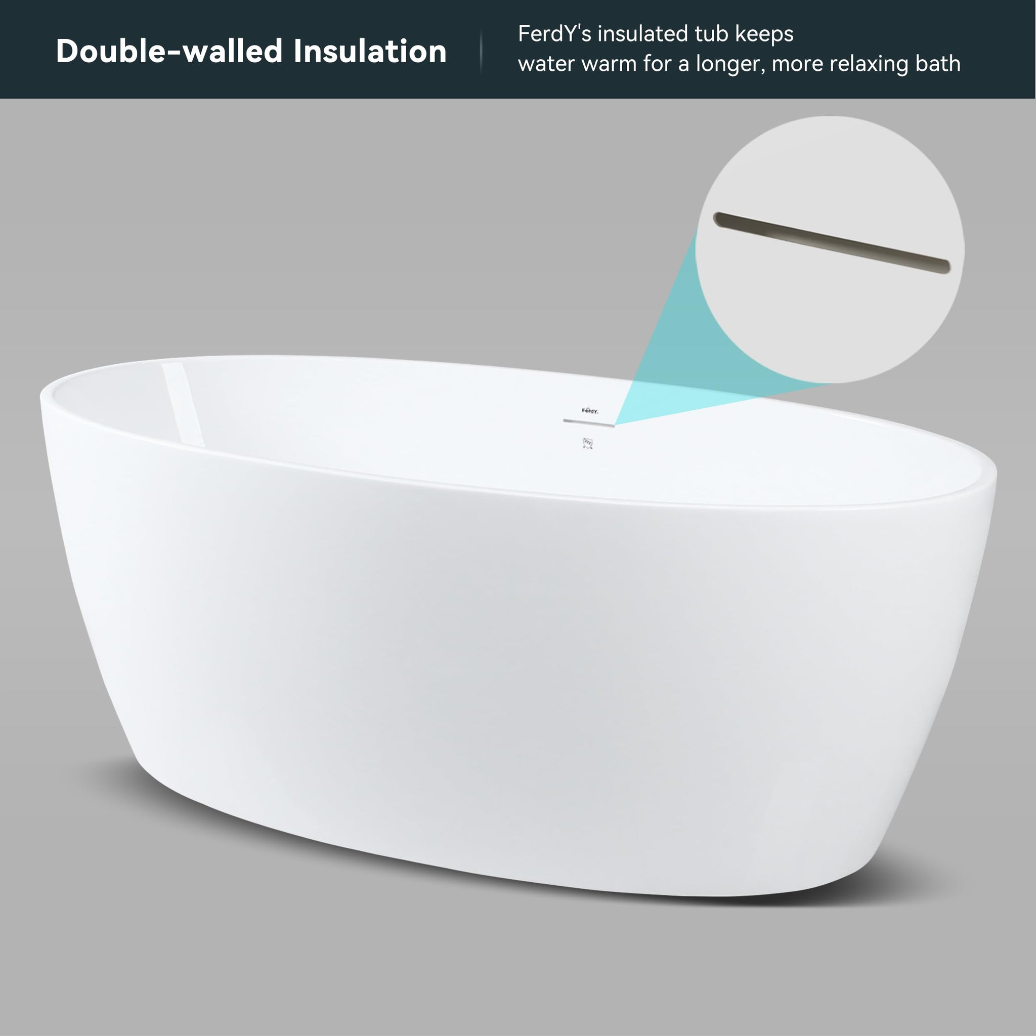 FerdY Tahiti 55" Acrylic Freestanding Bathtub, Elegant Oval Shape Soaking Bathtub, Glossy White, Brushed Nickel Drain & Integrated Slotted Overflow Assembly Included cUPC Certified