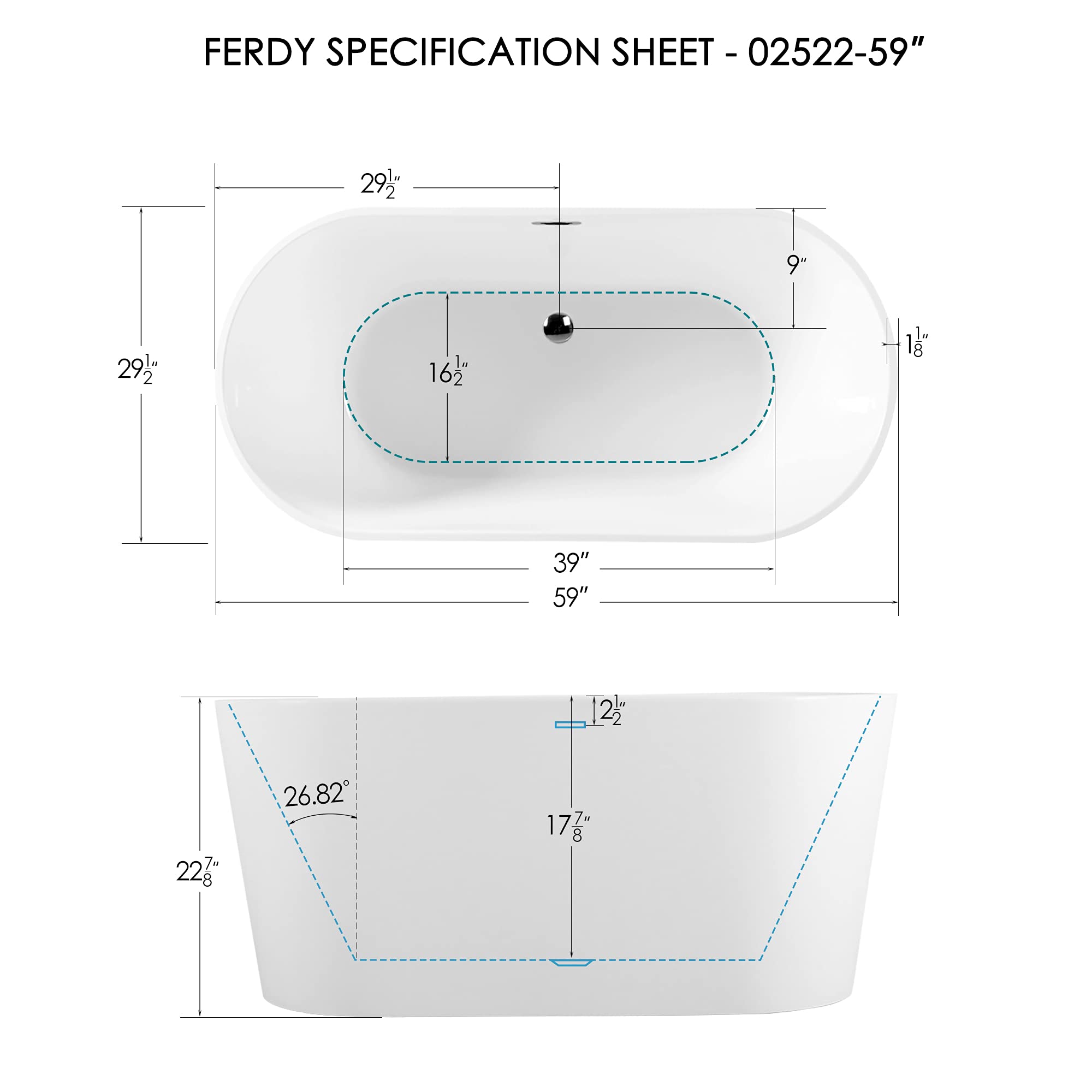 FerdY Shangri-La 67" Acrylic Freestanding Bathtub, Classic Oval Shape Acrylic Soaking Bathtub with Brushed Nickel Drain & Minimalist Linear Design Overflow, Modern White, cUPC Certified