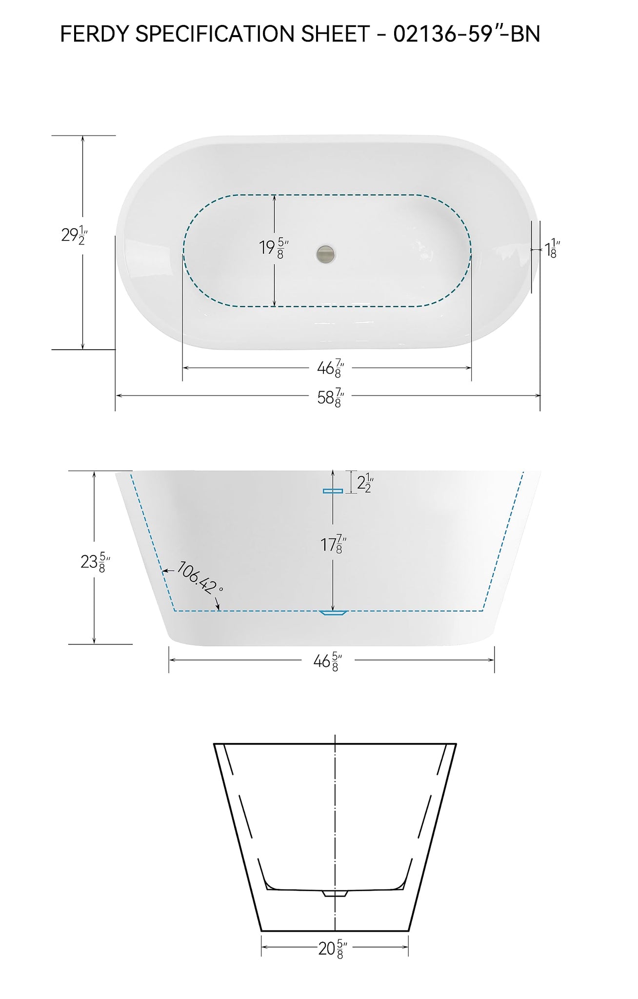 FerdY Shangri-La 67" Acrylic Freestanding Bathtub, Classic Oval Shape Acrylic Soaking Bathtub with Brushed Nickel Drain & Minimalist Linear Design Overflow, Modern White, cUPC Certified