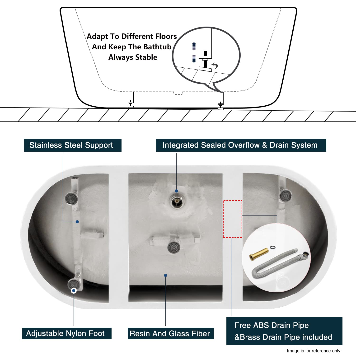 FerdY Shangri-La 67" Acrylic Freestanding Bathtub, Classic Oval Shape Acrylic Soaking Bathtub with Brushed Nickel Drain & Minimalist Linear Design Overflow, Modern White, cUPC Certified