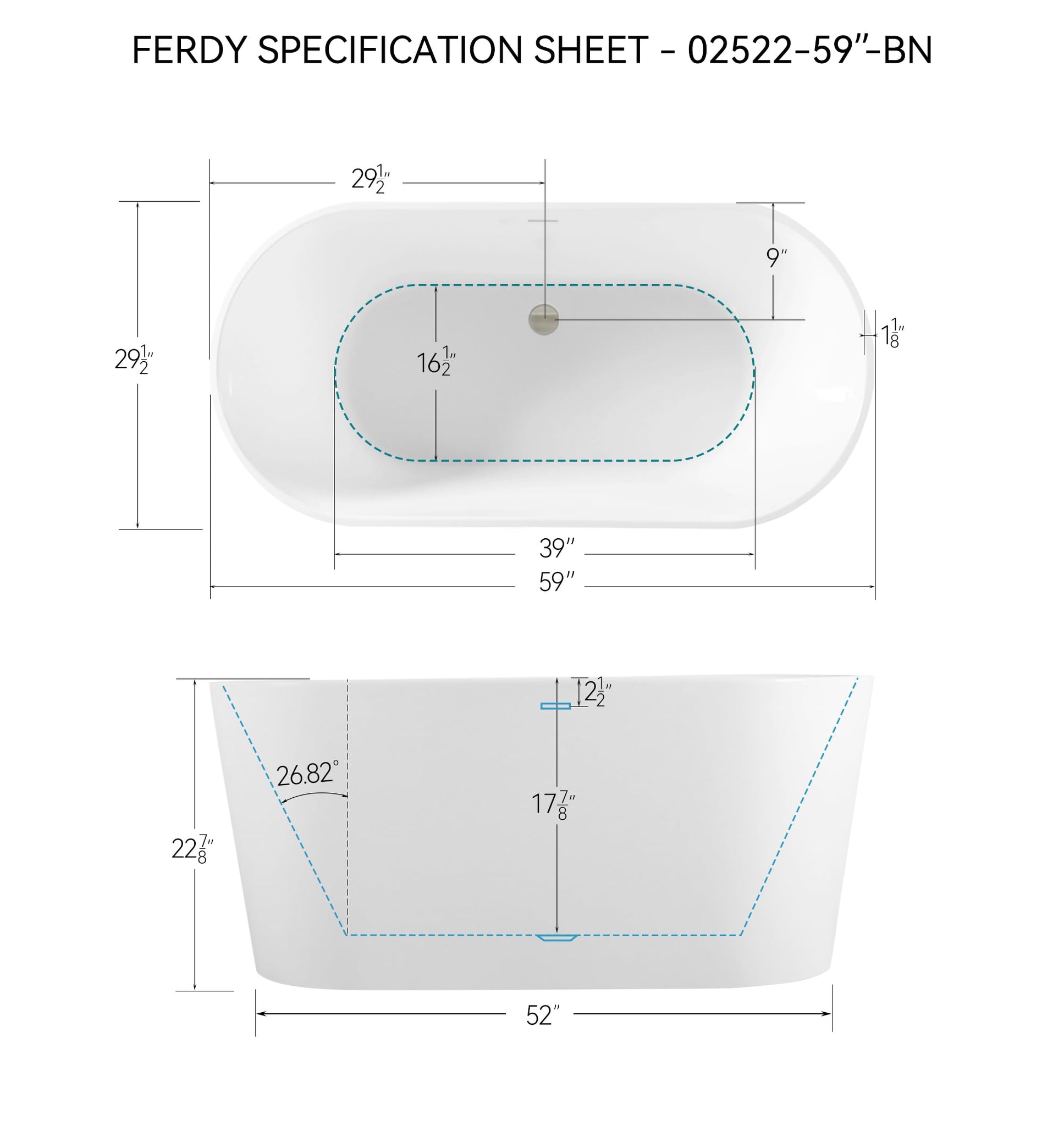 FerdY Shangri-La 67" Acrylic Freestanding Bathtub, Classic Oval Shape Acrylic Soaking Bathtub with Brushed Nickel Drain & Minimalist Linear Design Overflow, Modern White, cUPC Certified