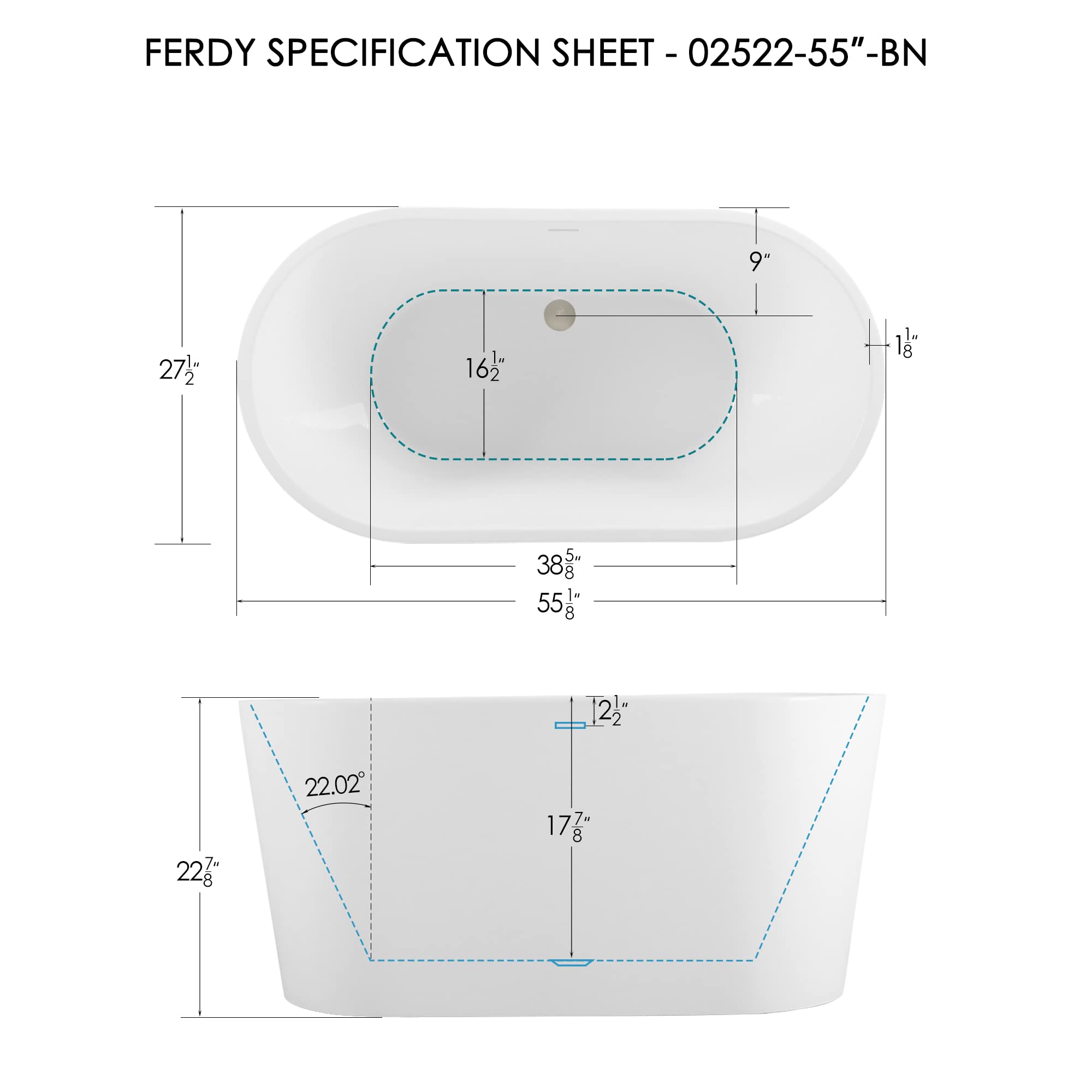 FerdY Shangri-La 67" Acrylic Freestanding Bathtub, Classic Oval Shape Acrylic Soaking Bathtub with Brushed Nickel Drain & Minimalist Linear Design Overflow, Modern White, cUPC Certified