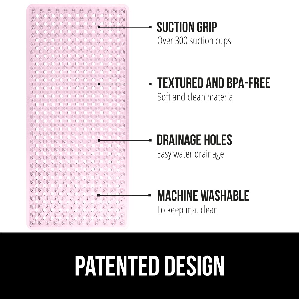 Gorilla Grip Patented Bathmat, 35x16, Clear, Bathtub Shower Mat, Plastic, Hexagon, Soft on Feet, Machine Washable, Suction Cups, Drainage Holes, BPA Free, Long Bath Tub Floor Mats