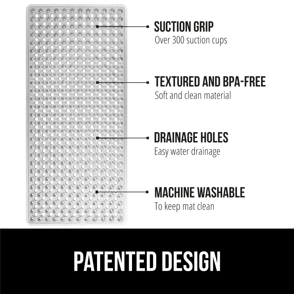 Gorilla Grip Patented Bathmat, 35x16, Clear, Bathtub Shower Mat, Plastic, Hexagon, Soft on Feet, Machine Washable, Suction Cups, Drainage Holes, BPA Free, Long Bath Tub Floor Mats