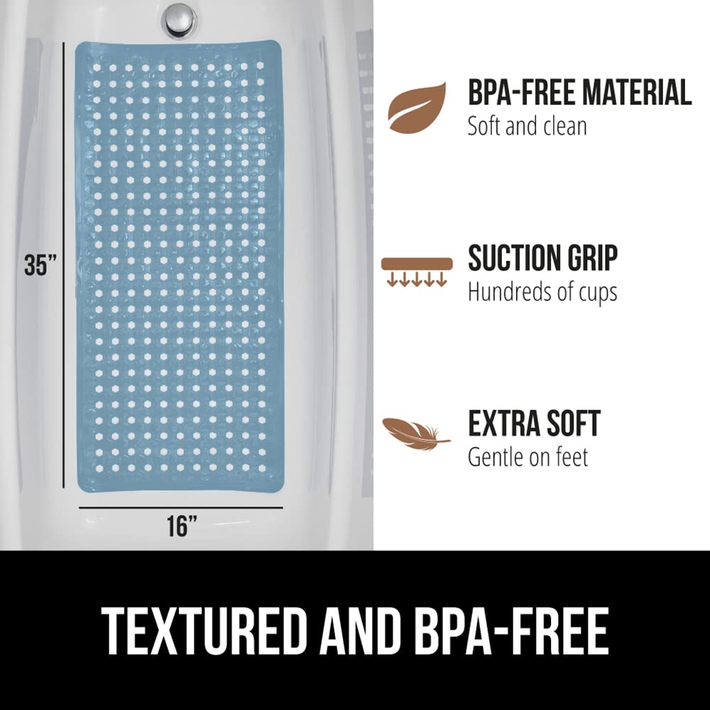 Gorilla Grip Patented Bathmat, 35x16, Clear, Bathtub Shower Mat, Plastic, Hexagon, Soft on Feet, Machine Washable, Suction Cups, Drainage Holes, BPA Free, Long Bath Tub Floor Mats