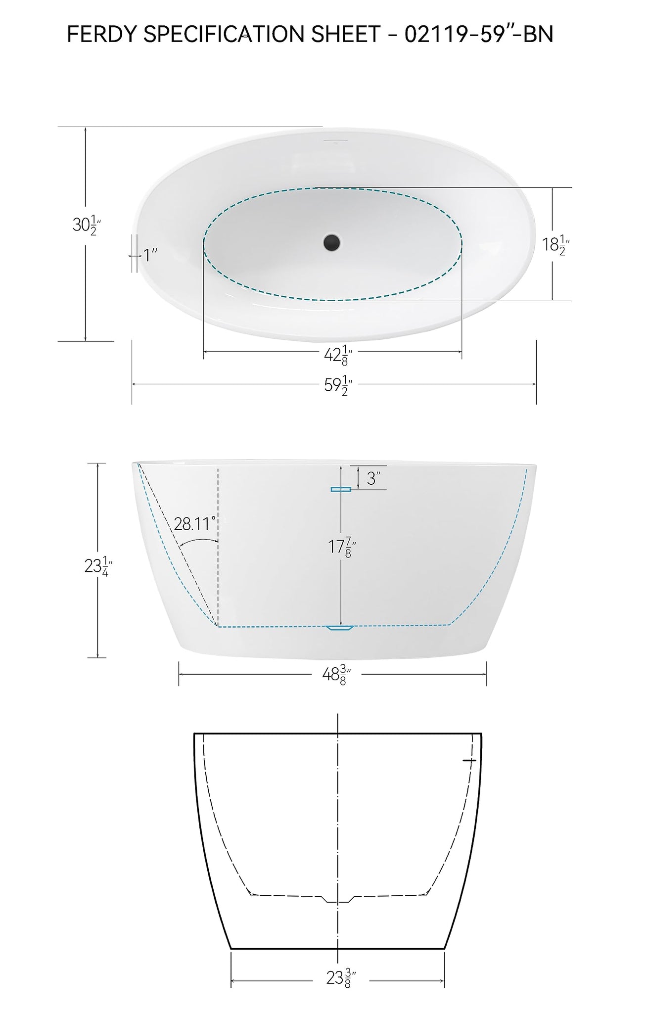 FerdY Tahiti 55" Acrylic Freestanding Bathtub, Elegant Oval Shape Soaking Bathtub, Glossy White, Brushed Nickel Drain & Integrated Slotted Overflow Assembly Included cUPC Certified