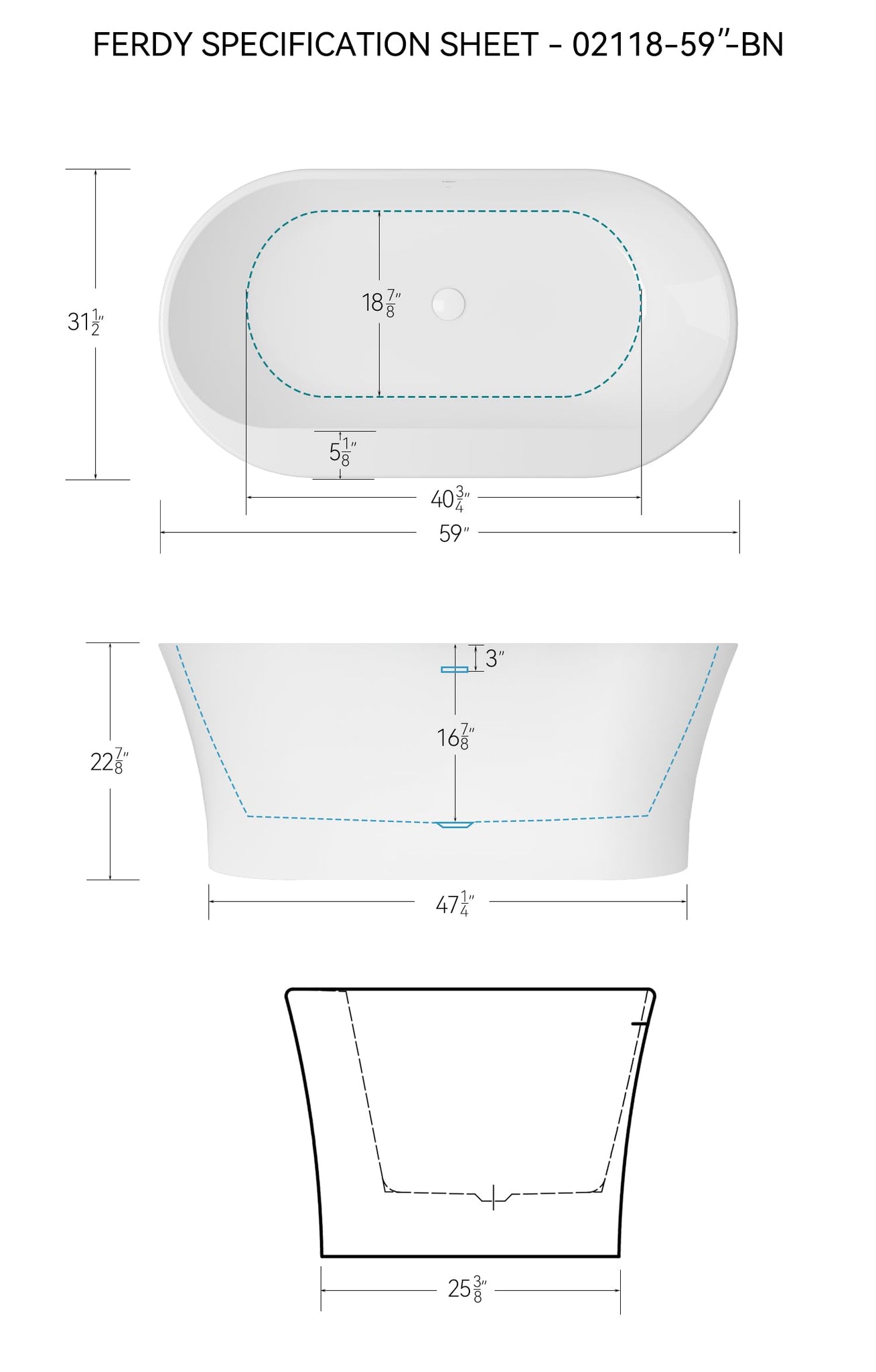 FerdY Shangri-La 67" Acrylic Freestanding Bathtub, Classic Oval Shape Acrylic Soaking Bathtub with Brushed Nickel Drain & Minimalist Linear Design Overflow, Modern White, cUPC Certified