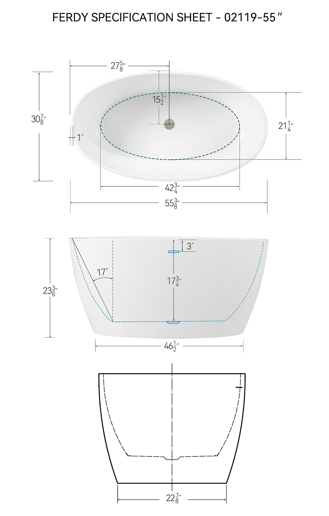 FerdY Tahiti 55" Acrylic Freestanding Bathtub, Elegant Oval Shape Soaking Bathtub, Glossy White, Brushed Nickel Drain & Integrated Slotted Overflow Assembly Included cUPC Certified