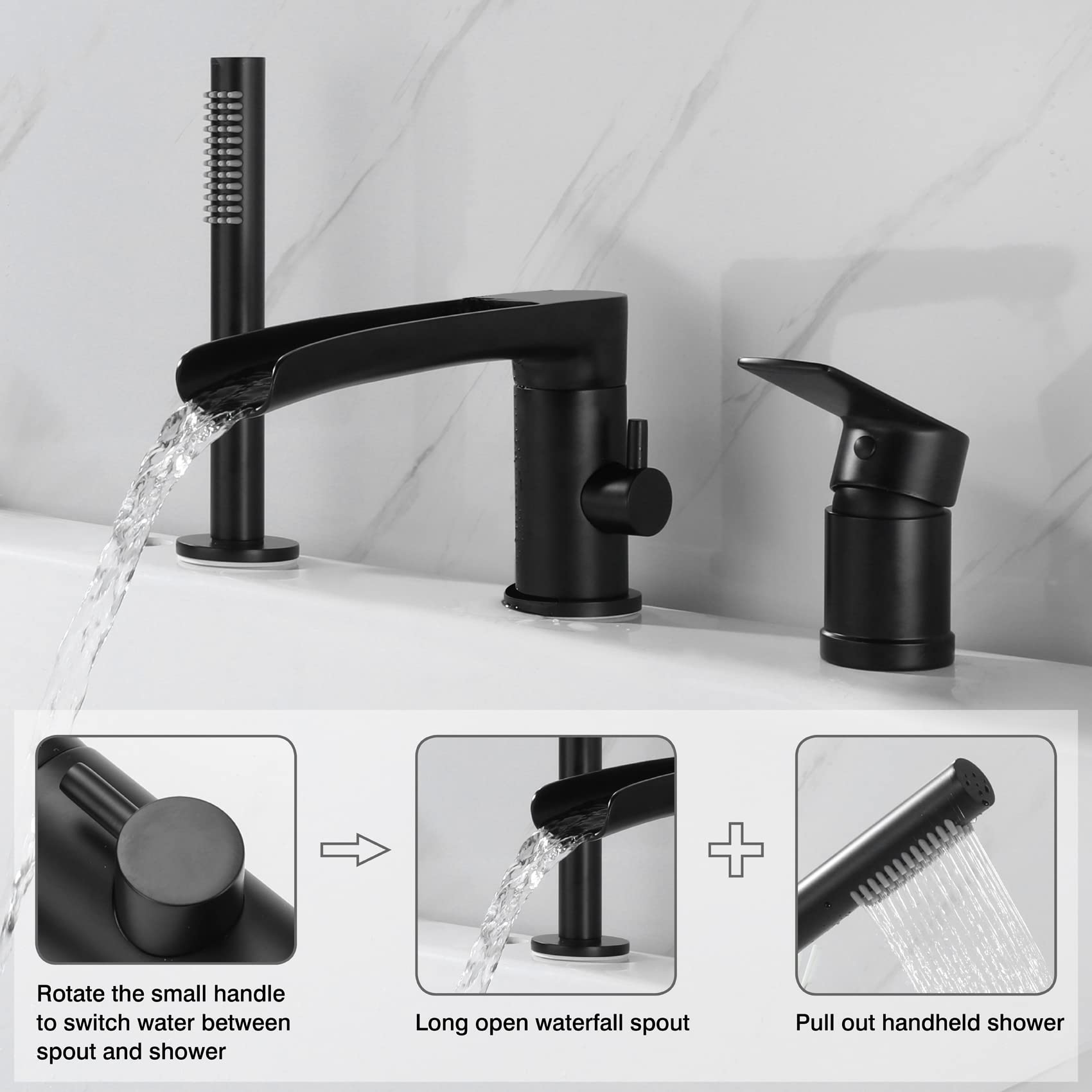 TapLong Waterfall Roman Tub Faucet with Hand Shower, Deck Mount 3 Hole Bathtub Faucet Set High Flow Bath Tub Faucet Set Deck Mount Solid Brass, Matte Black,03766B