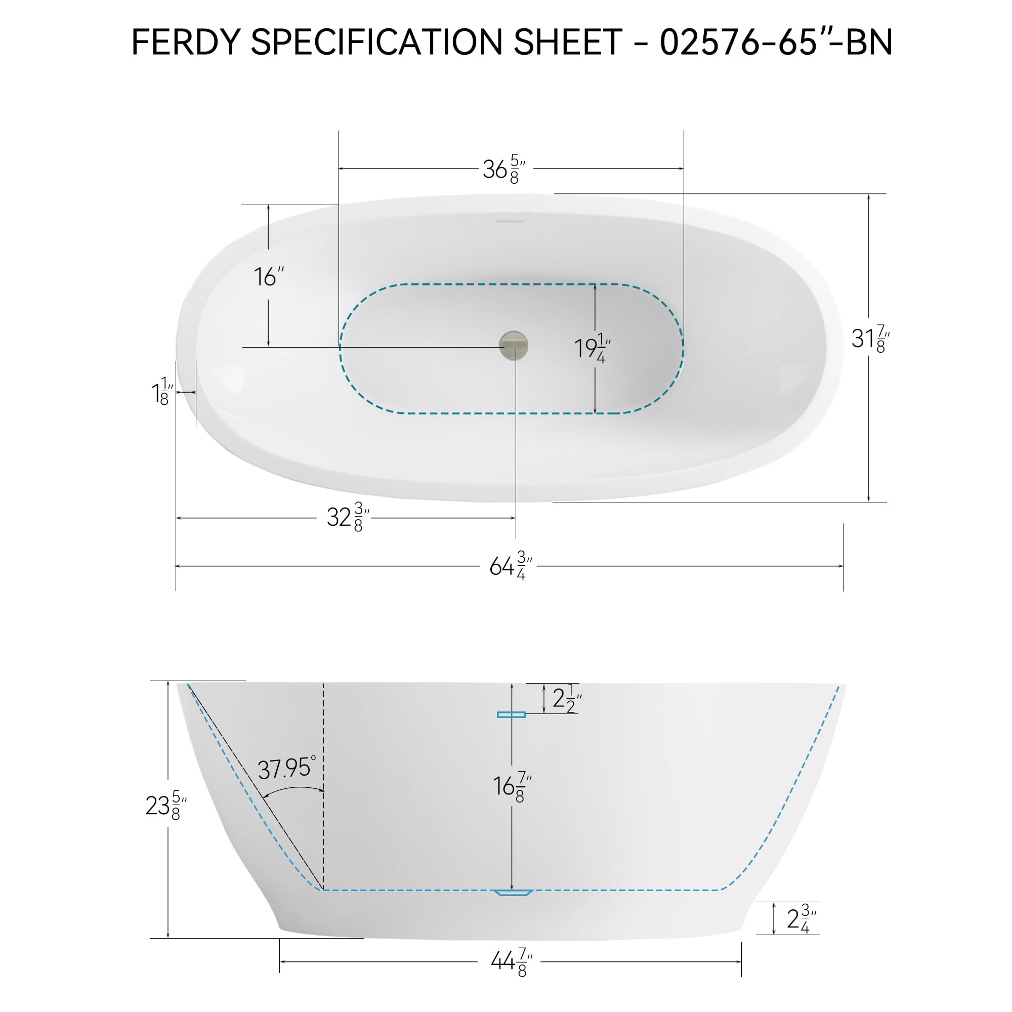 FerdY Tahiti 55" Acrylic Freestanding Bathtub, Elegant Oval Shape Soaking Bathtub, Glossy White, Brushed Nickel Drain & Integrated Slotted Overflow Assembly Included cUPC Certified