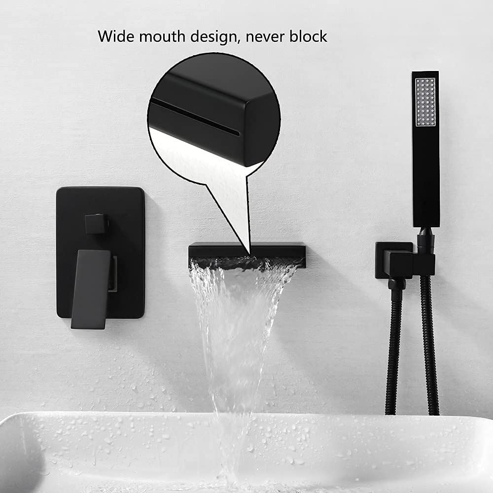 SKOWLL Waterfall Wall Mount Bathtub Faucet with Handheld Sprayer LED Tub Filler Faucet Roman Bathroom Faucet Set, Matte Black