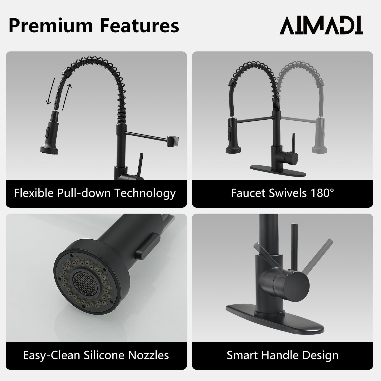 AIMADI Black Kitchen Faucet with Sprayer - Commercial Faucet Kitchen Single Handle Spring Pull Down Kitchen Sink Faucet with LED Light,Matte Black