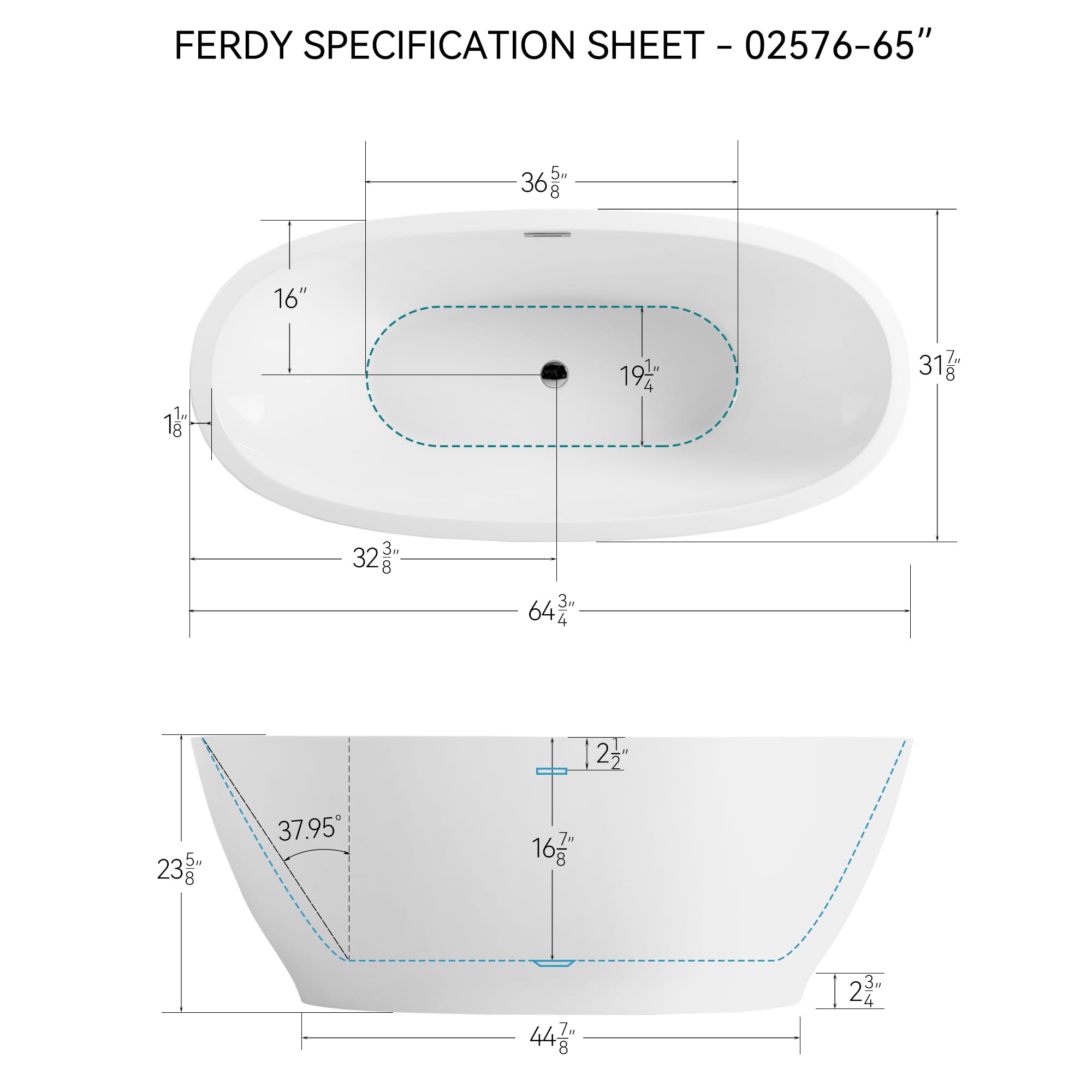 FerdY Tahiti 55" Acrylic Freestanding Bathtub, Elegant Oval Shape Soaking Bathtub, Glossy White, Brushed Nickel Drain & Integrated Slotted Overflow Assembly Included cUPC Certified