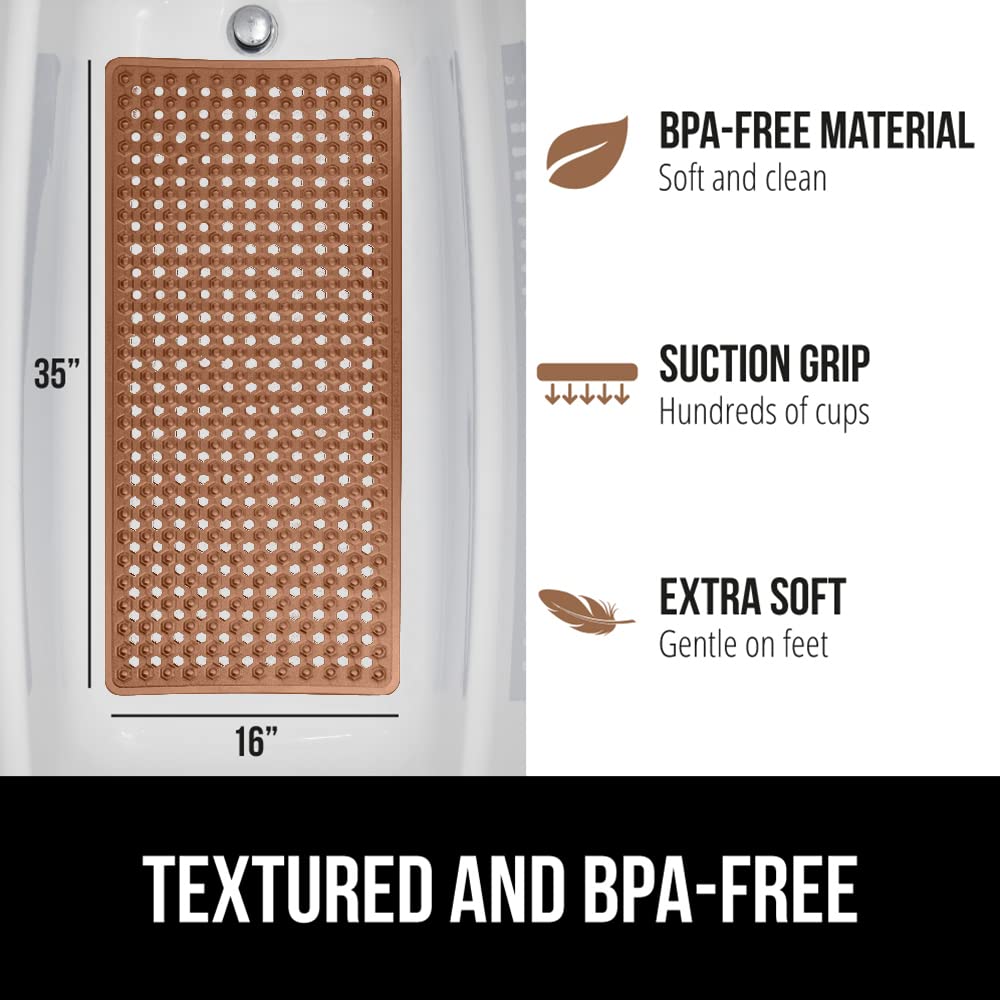 Gorilla Grip Patented Bathmat, 35x16, Clear, Bathtub Shower Mat, Plastic, Hexagon, Soft on Feet, Machine Washable, Suction Cups, Drainage Holes, BPA Free, Long Bath Tub Floor Mats