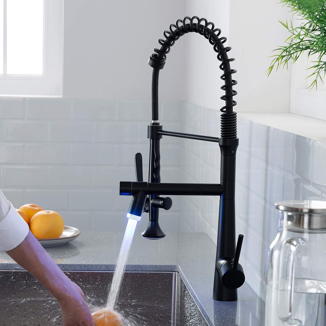 AIMADI Black Kitchen Faucet with Sprayer - Commercial Faucet Kitchen Single Handle Spring Pull Down Kitchen Sink Faucet with LED Light,Matte Black