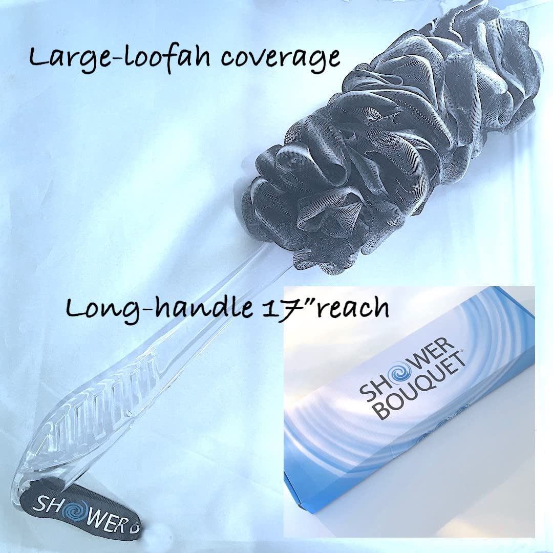 Loofah-Charcoal Back-Scrubber & Bath-Sponges by Shower Bouquet: 1 Long-Handle-Back-Brush Plus 2 Extra Large 75g Soft Mesh Poufs, Men & Women - Exfoliate with Full Pure Cleanse in Bathing Accessories