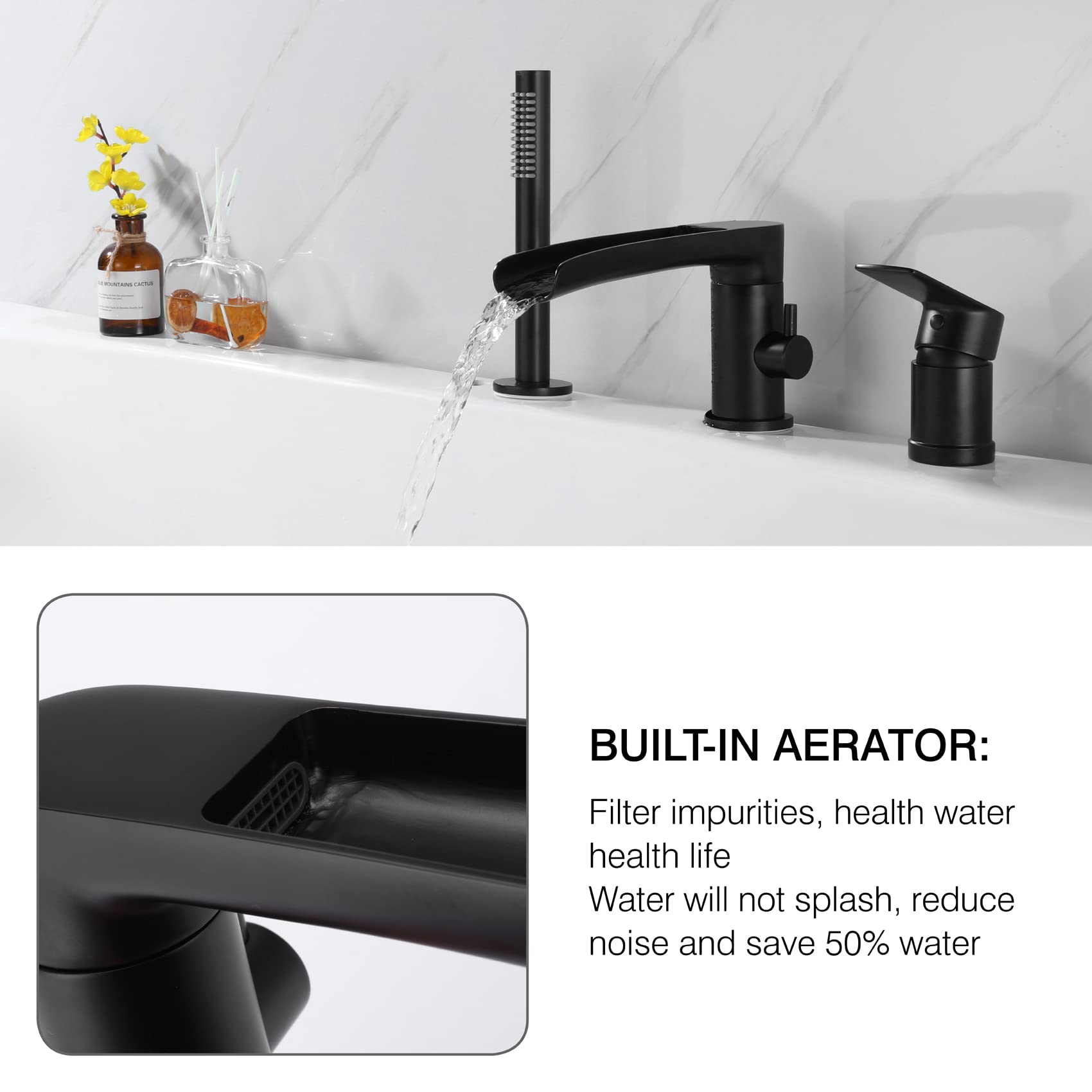 TapLong Waterfall Roman Tub Faucet with Hand Shower, Deck Mount 3 Hole Bathtub Faucet Set High Flow Bath Tub Faucet Set Deck Mount Solid Brass, Matte Black,03766B