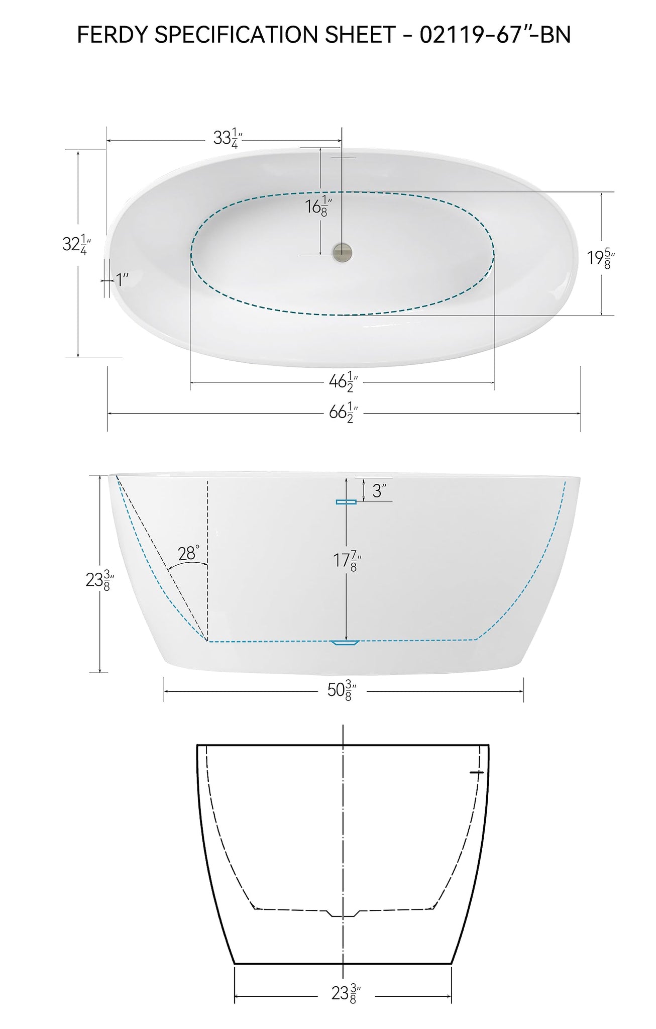 FerdY Tahiti 55" Acrylic Freestanding Bathtub, Elegant Oval Shape Soaking Bathtub, Glossy White, Brushed Nickel Drain & Integrated Slotted Overflow Assembly Included cUPC Certified