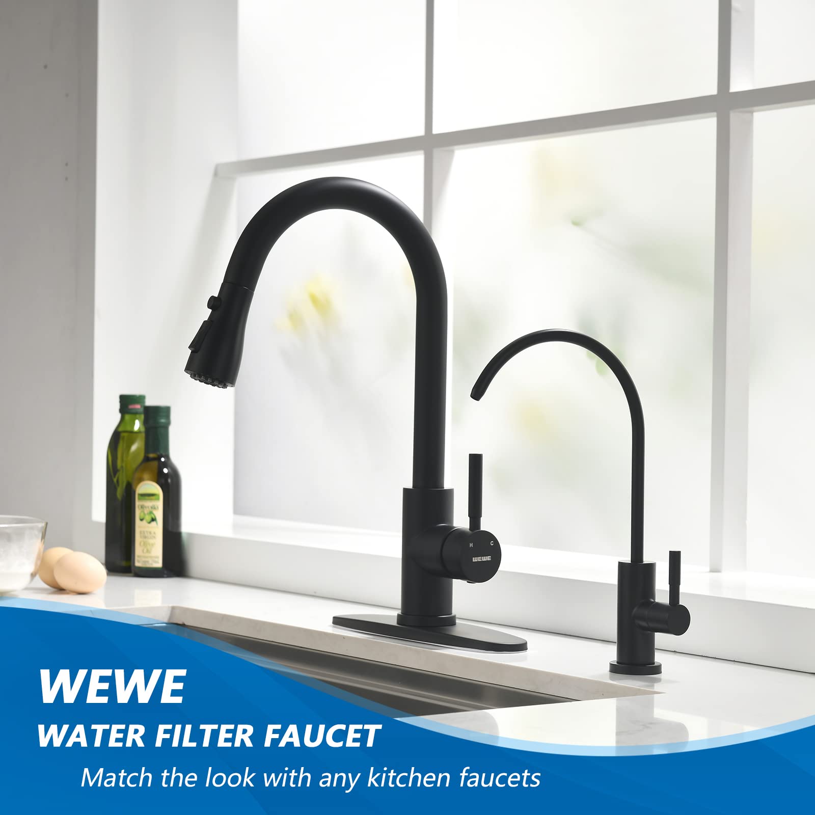 WEWE Kitchen Faucets with Pull Down Sprayer Commercial Industrial Stainless Steel Single Handle Single Hole Spring Farmhouse RV Sink Faucet, Matte Black