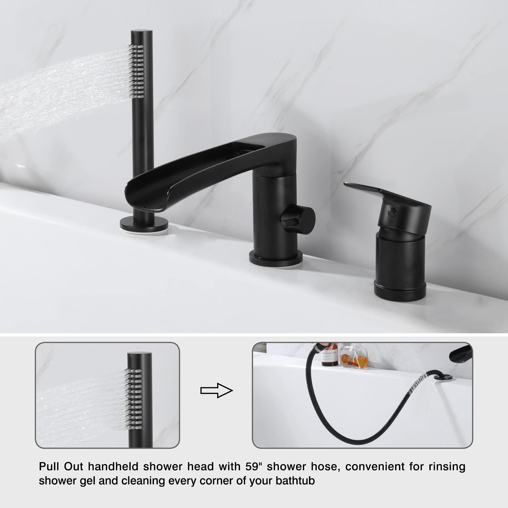 TapLong Waterfall Roman Tub Faucet with Hand Shower, Deck Mount 3 Hole Bathtub Faucet Set High Flow Bath Tub Faucet Set Deck Mount Solid Brass, Matte Black,03766B