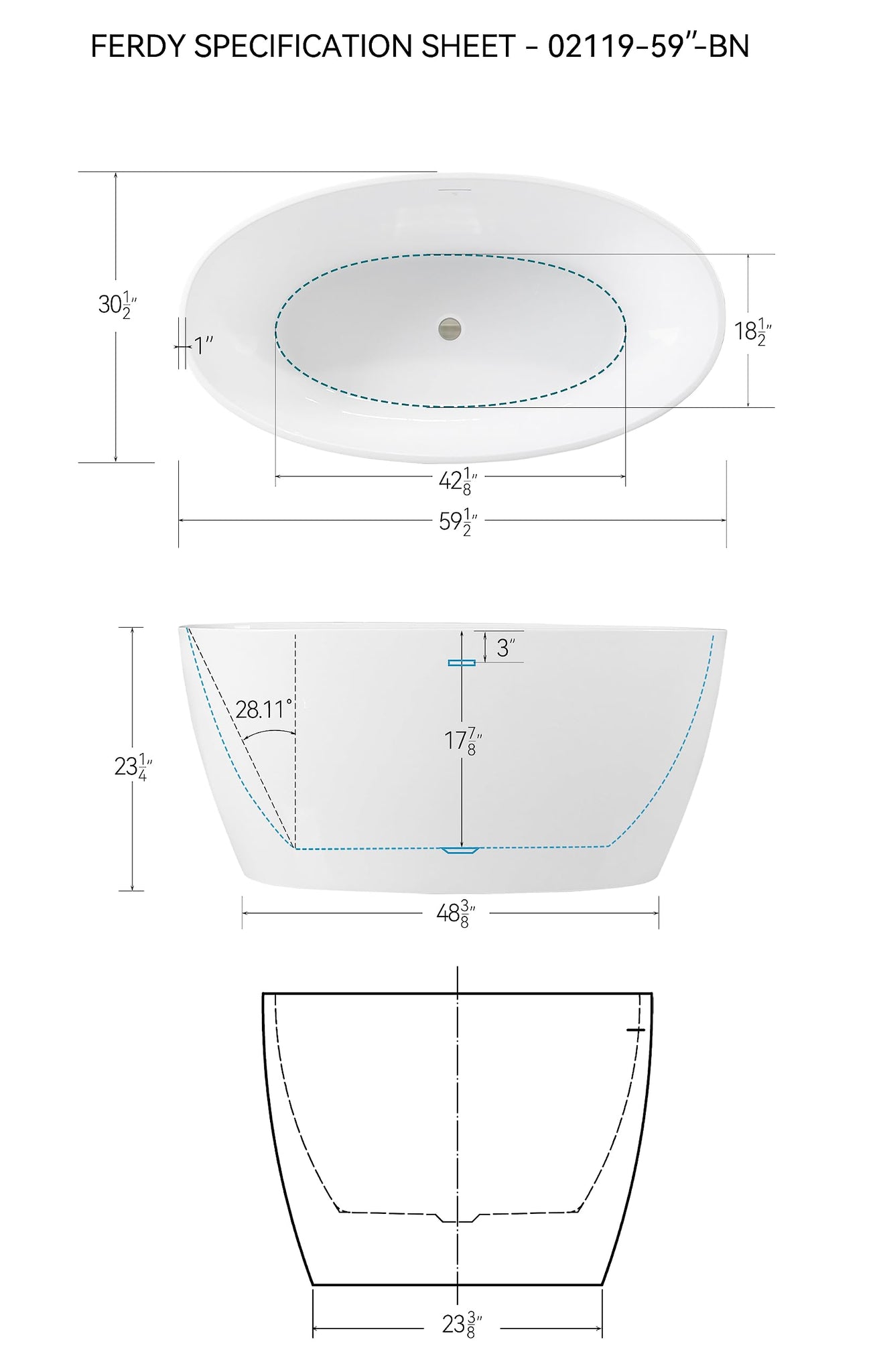 FerdY Tahiti 55" Acrylic Freestanding Bathtub, Elegant Oval Shape Soaking Bathtub, Glossy White, Brushed Nickel Drain & Integrated Slotted Overflow Assembly Included cUPC Certified