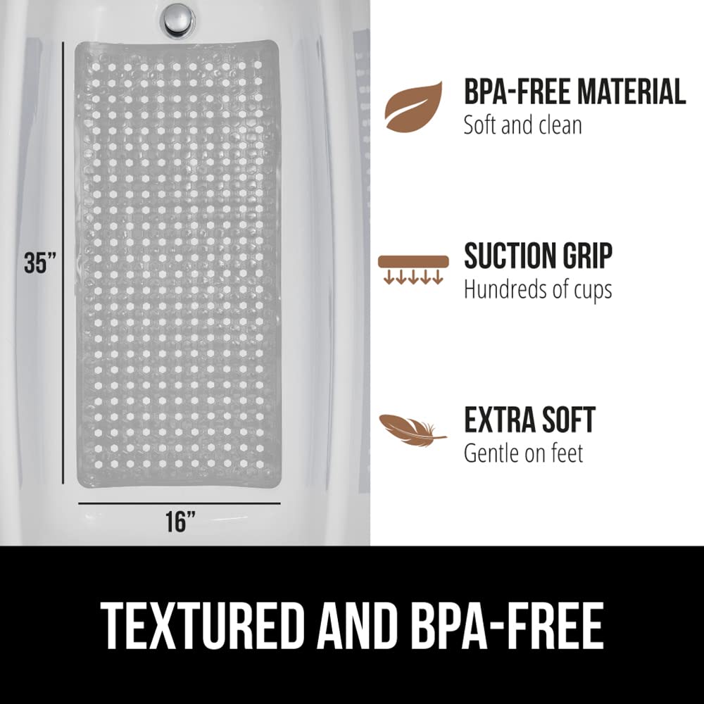 Gorilla Grip Patented Bathmat, 35x16, Clear, Bathtub Shower Mat, Plastic, Hexagon, Soft on Feet, Machine Washable, Suction Cups, Drainage Holes, BPA Free, Long Bath Tub Floor Mats