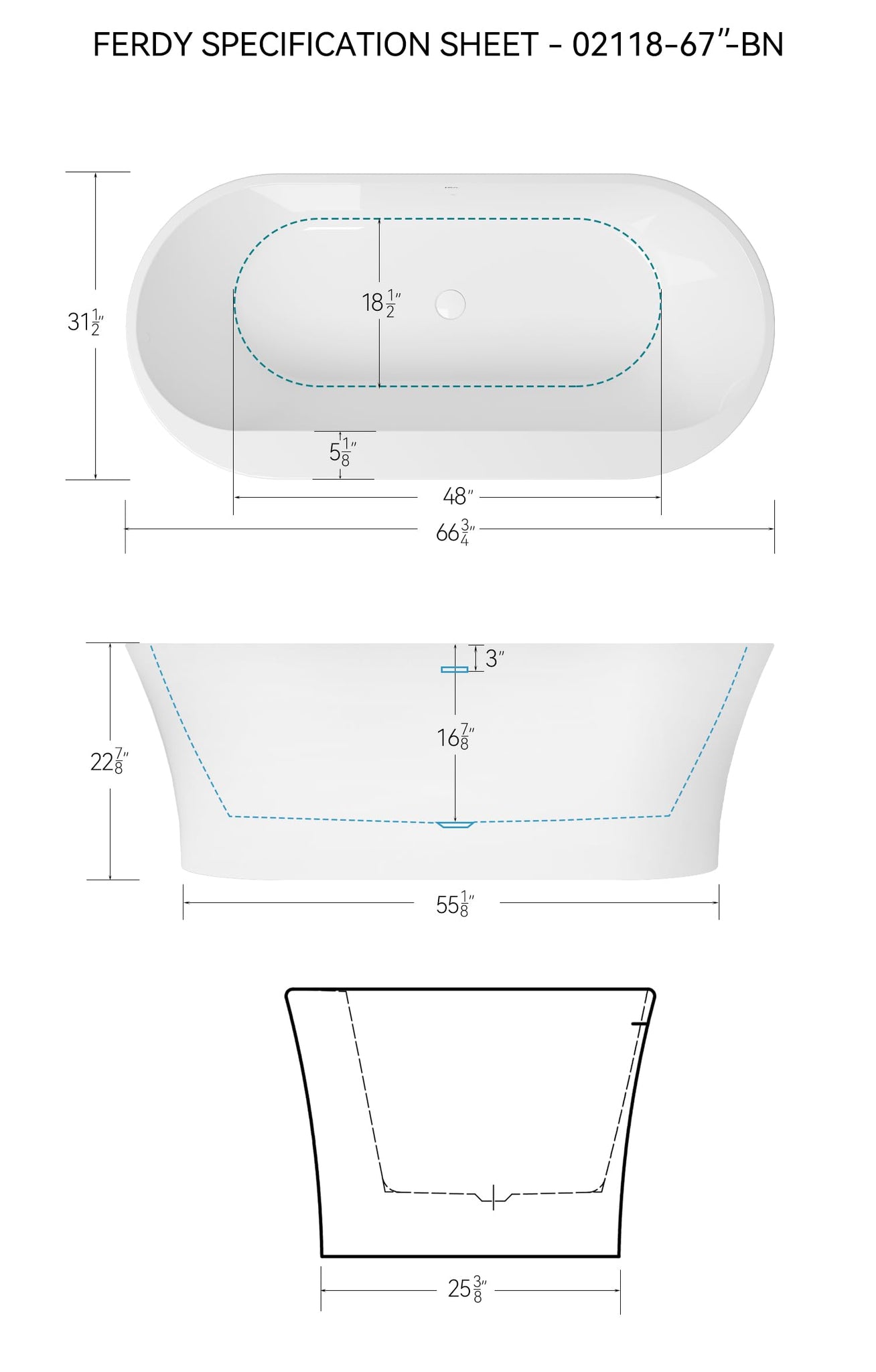 FerdY Shangri-La 67" Acrylic Freestanding Bathtub, Classic Oval Shape Acrylic Soaking Bathtub with Brushed Nickel Drain & Minimalist Linear Design Overflow, Modern White, cUPC Certified