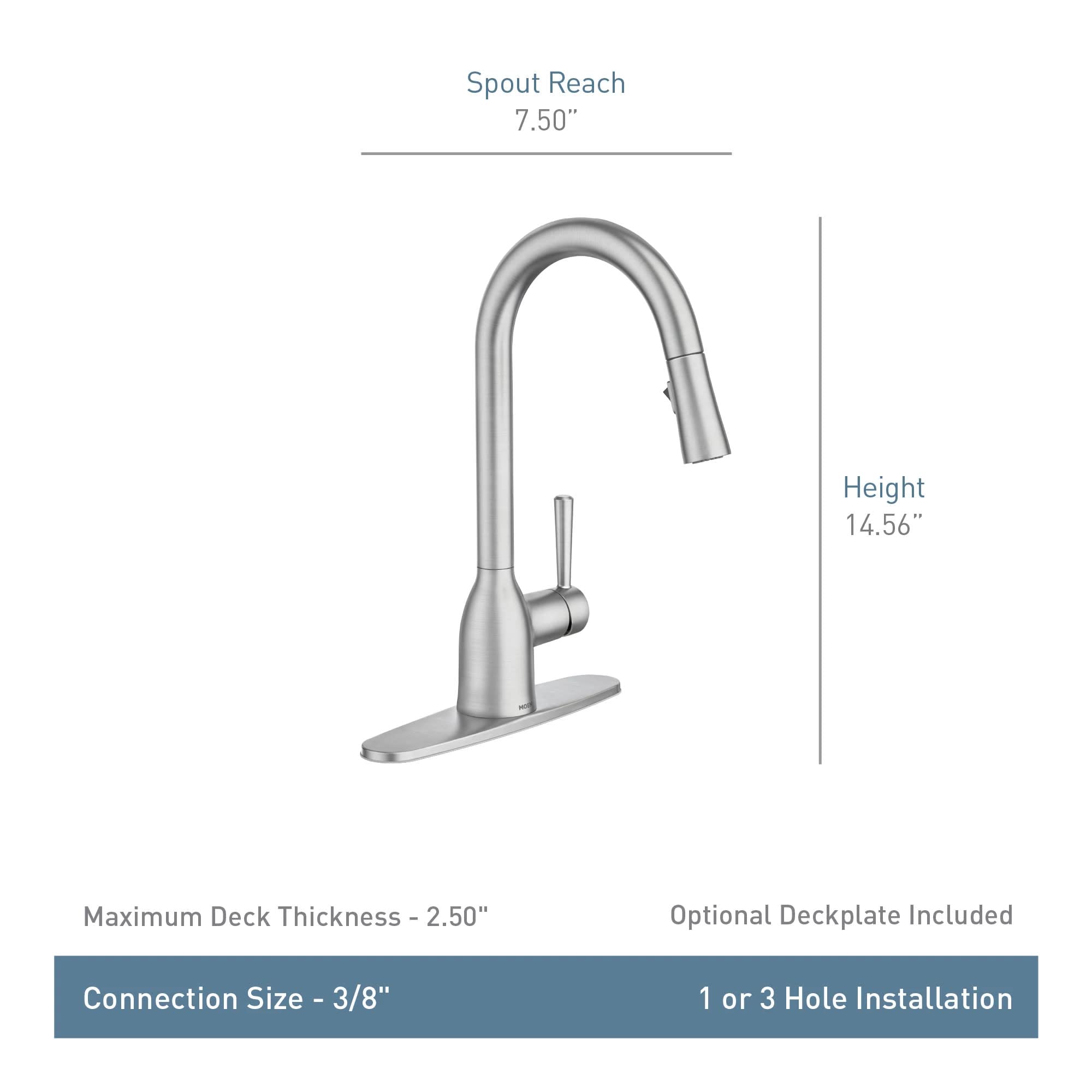 Moen 87233SRS Adler One-Handle High Arc Pulldown Kitchen Faucet with Power Clean, 24.7" L x 12.3" W x 14.6" H, Spot Resist Stainless