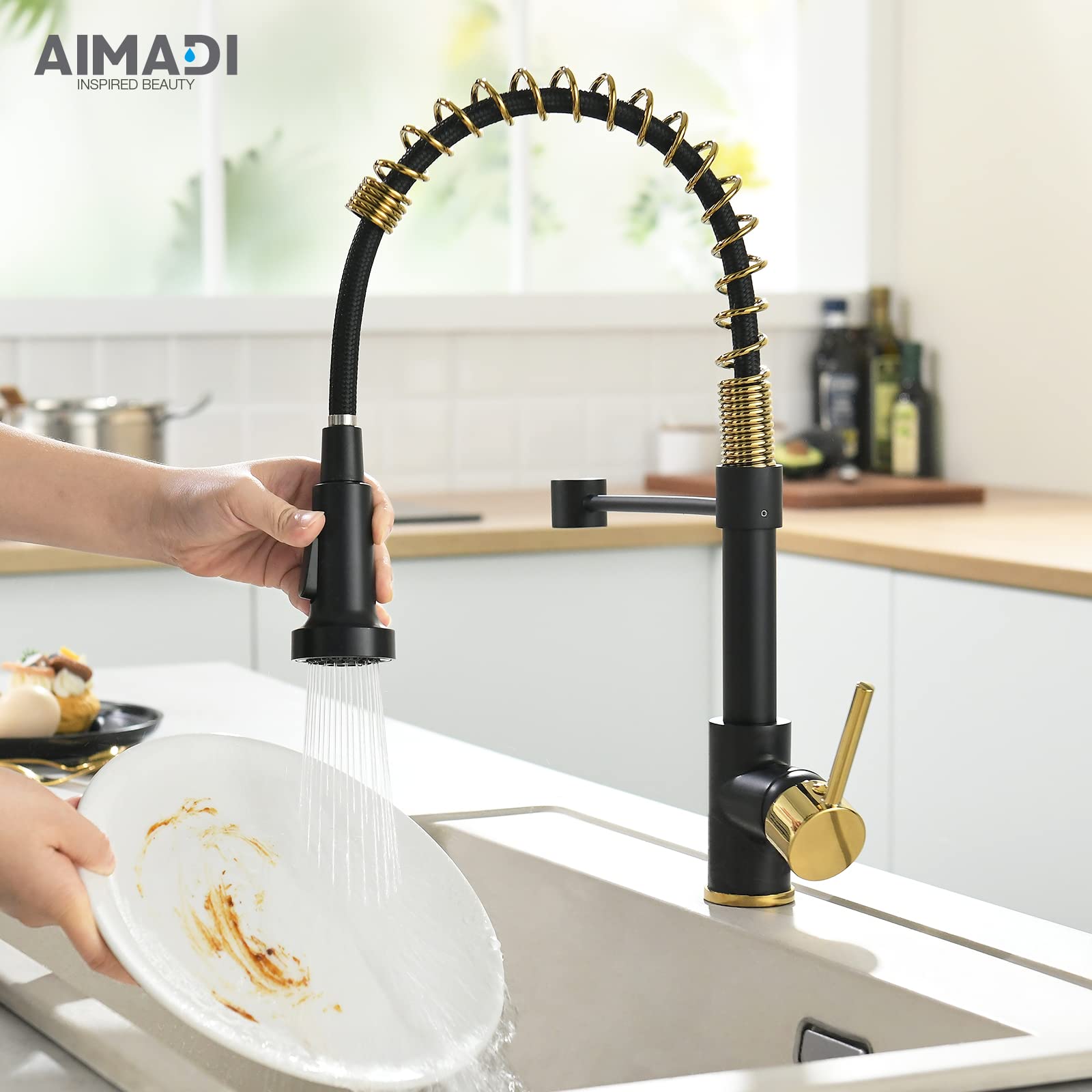 AIMADI Black Kitchen Faucet with Sprayer - Commercial Faucet Kitchen Single Handle Spring Pull Down Kitchen Sink Faucet with LED Light,Matte Black