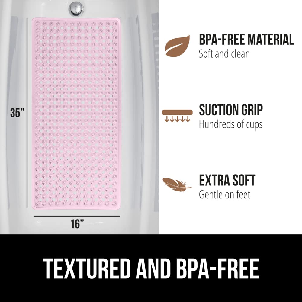 Gorilla Grip Patented Bathmat, 35x16, Clear, Bathtub Shower Mat, Plastic, Hexagon, Soft on Feet, Machine Washable, Suction Cups, Drainage Holes, BPA Free, Long Bath Tub Floor Mats