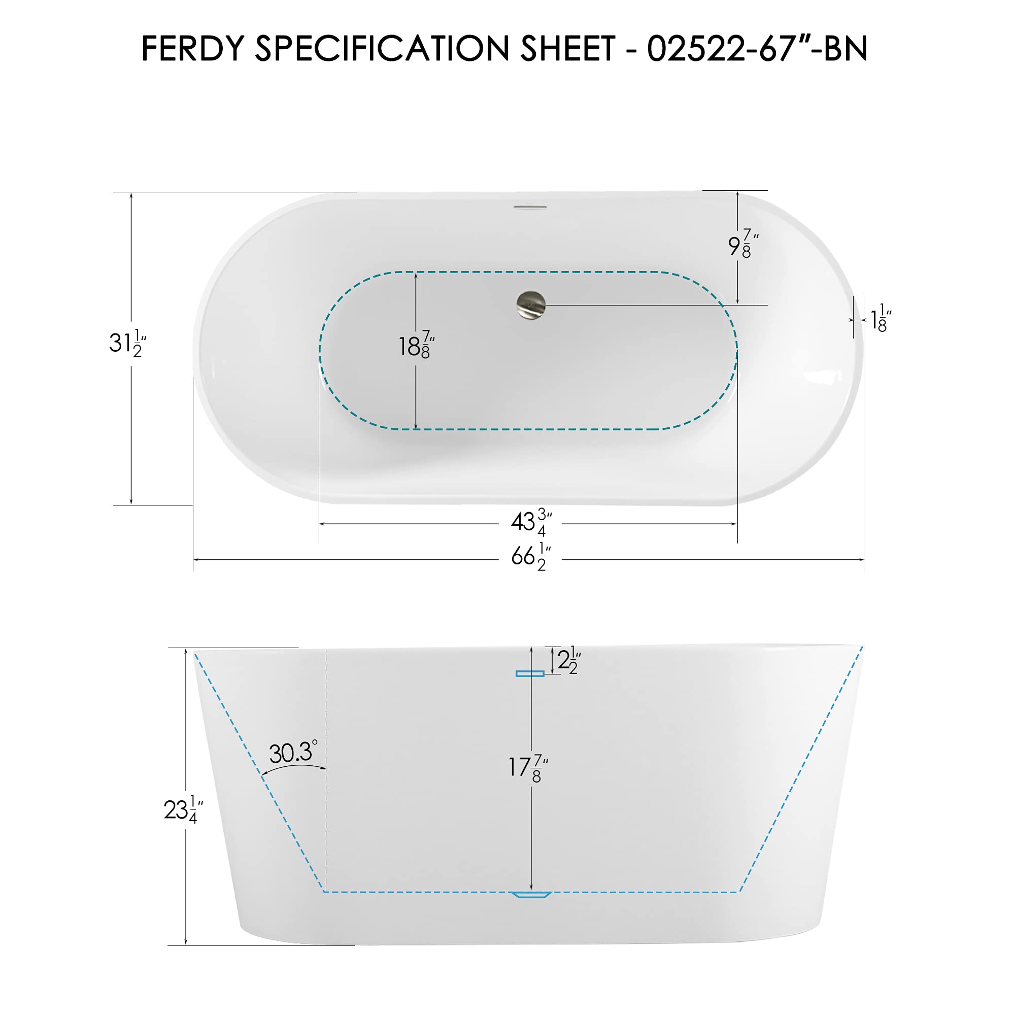 FerdY Shangri-La 67" Acrylic Freestanding Bathtub, Classic Oval Shape Acrylic Soaking Bathtub with Brushed Nickel Drain & Minimalist Linear Design Overflow, Modern White, cUPC Certified