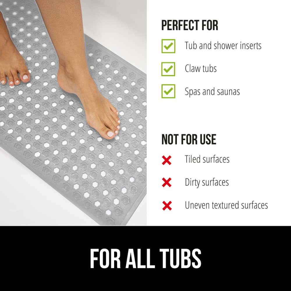 Gorilla Grip Patented Bathmat, 35x16, Clear, Bathtub Shower Mat, Plastic, Hexagon, Soft on Feet, Machine Washable, Suction Cups, Drainage Holes, BPA Free, Long Bath Tub Floor Mats