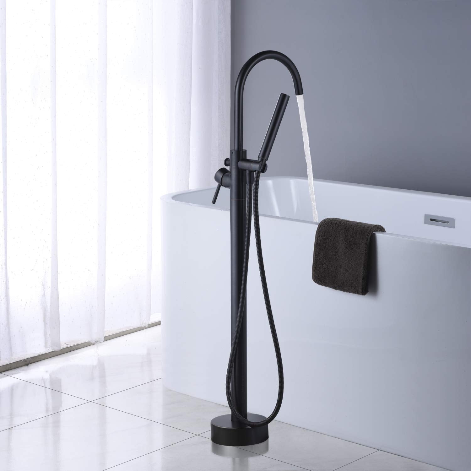 Artiqua Freestanding Bathtub Faucet Tub Filler Faucets Black Single Handle Floor Mounted with Handheld Shower