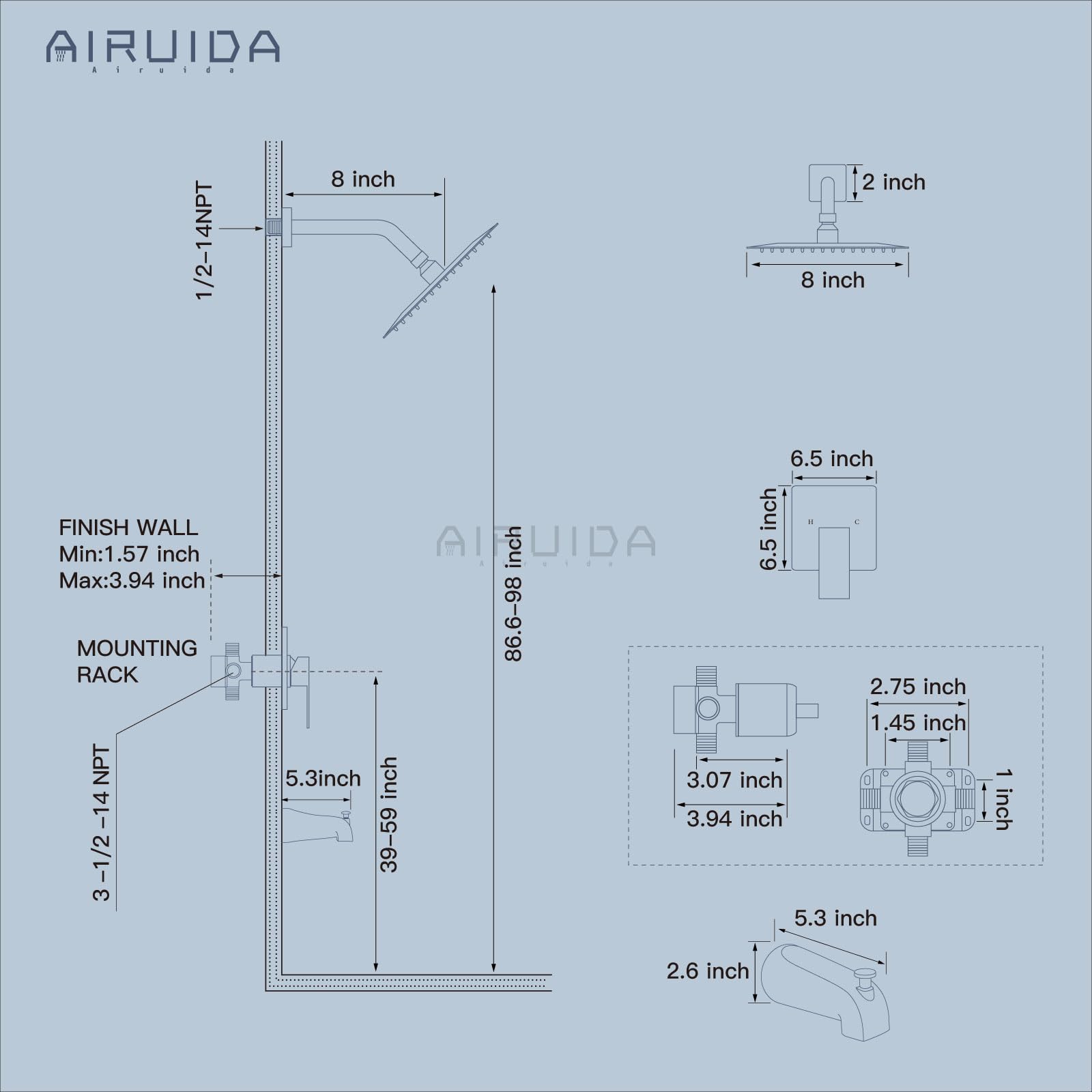 Airuida Shower Faucet Set with 8 Inch Rainfall Square Showerhead and Tub Spout Bathtub Faucet Kit Shower Tub Faucet Set Complete Tub Shower Trim Kit with Solid Brass Rough-in Valve Matte Black