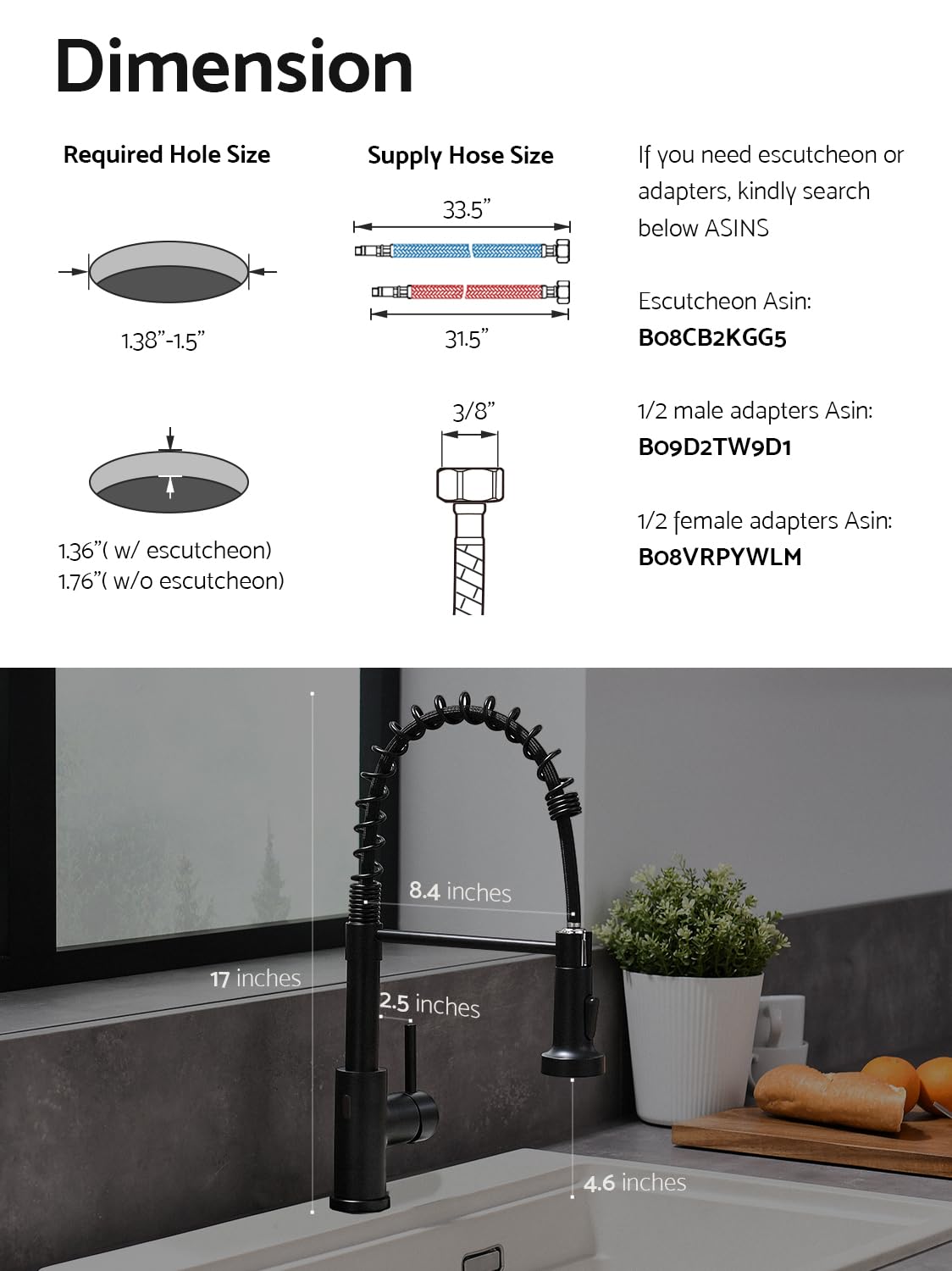 WEWE Kitchen Faucets with Pull Down Sprayer Commercial Industrial Stainless Steel Single Handle Single Hole Spring Farmhouse RV Sink Faucet, Matte Black