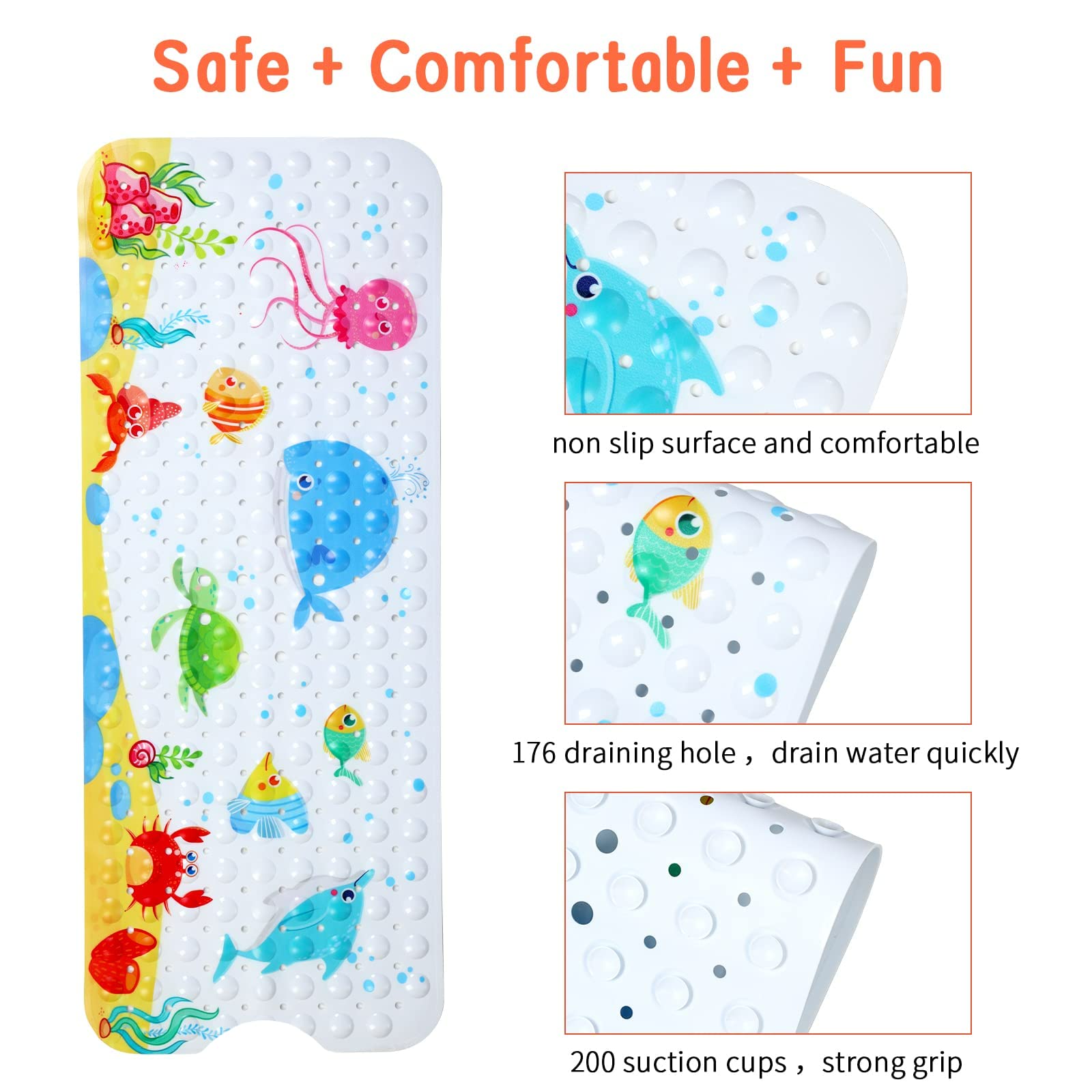 Secopad Baby Bath Mat for Tub for Kids, 40 X 16 Inch Non Slip Cartoon Bath Tub Shower Mat Anti Slip with Drain Holes and Suction Cups Machine Washable, Turtle