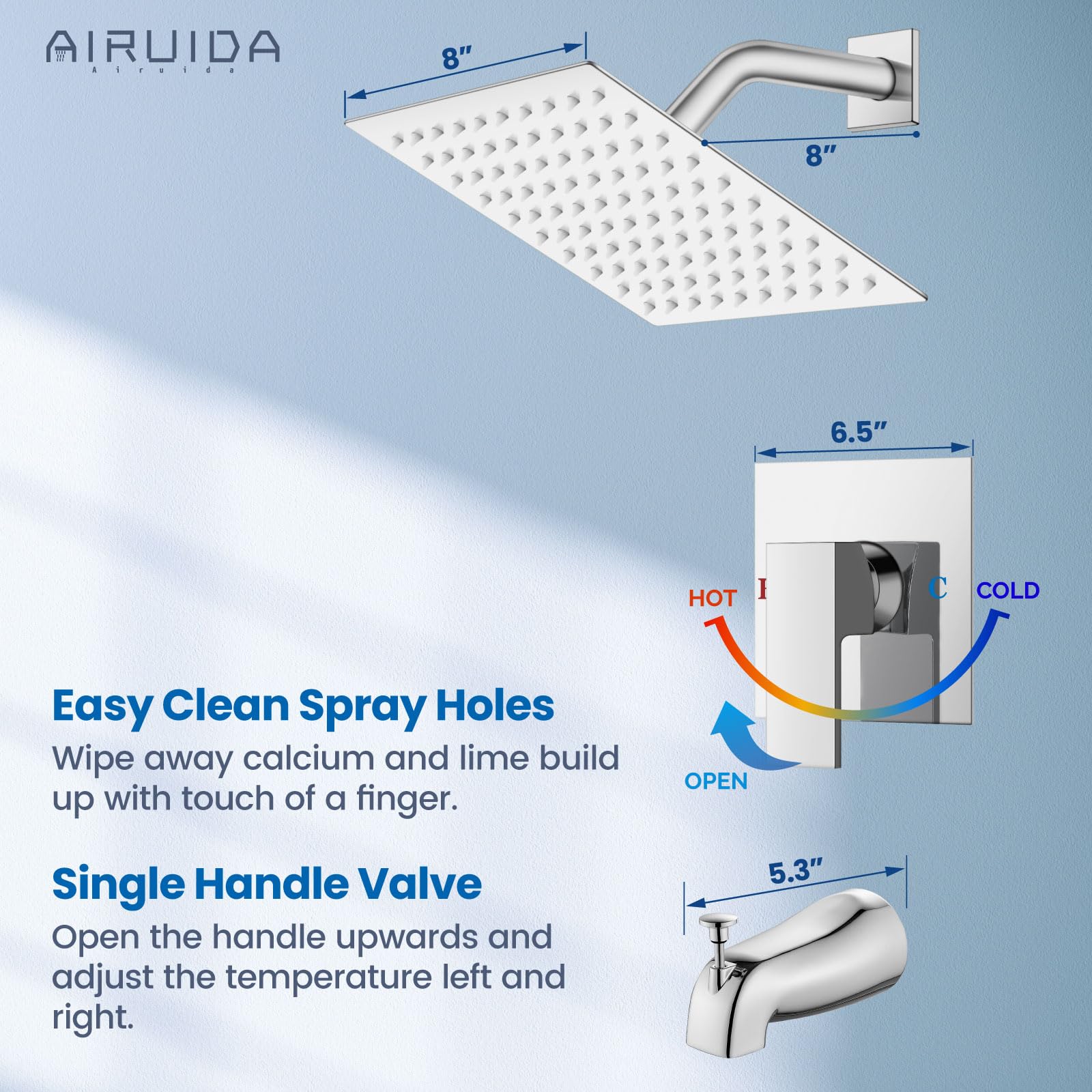 Airuida Shower Faucet Set with 8 Inch Rainfall Square Showerhead and Tub Spout Bathtub Faucet Kit Shower Tub Faucet Set Complete Tub Shower Trim Kit with Solid Brass Rough-in Valve Matte Black