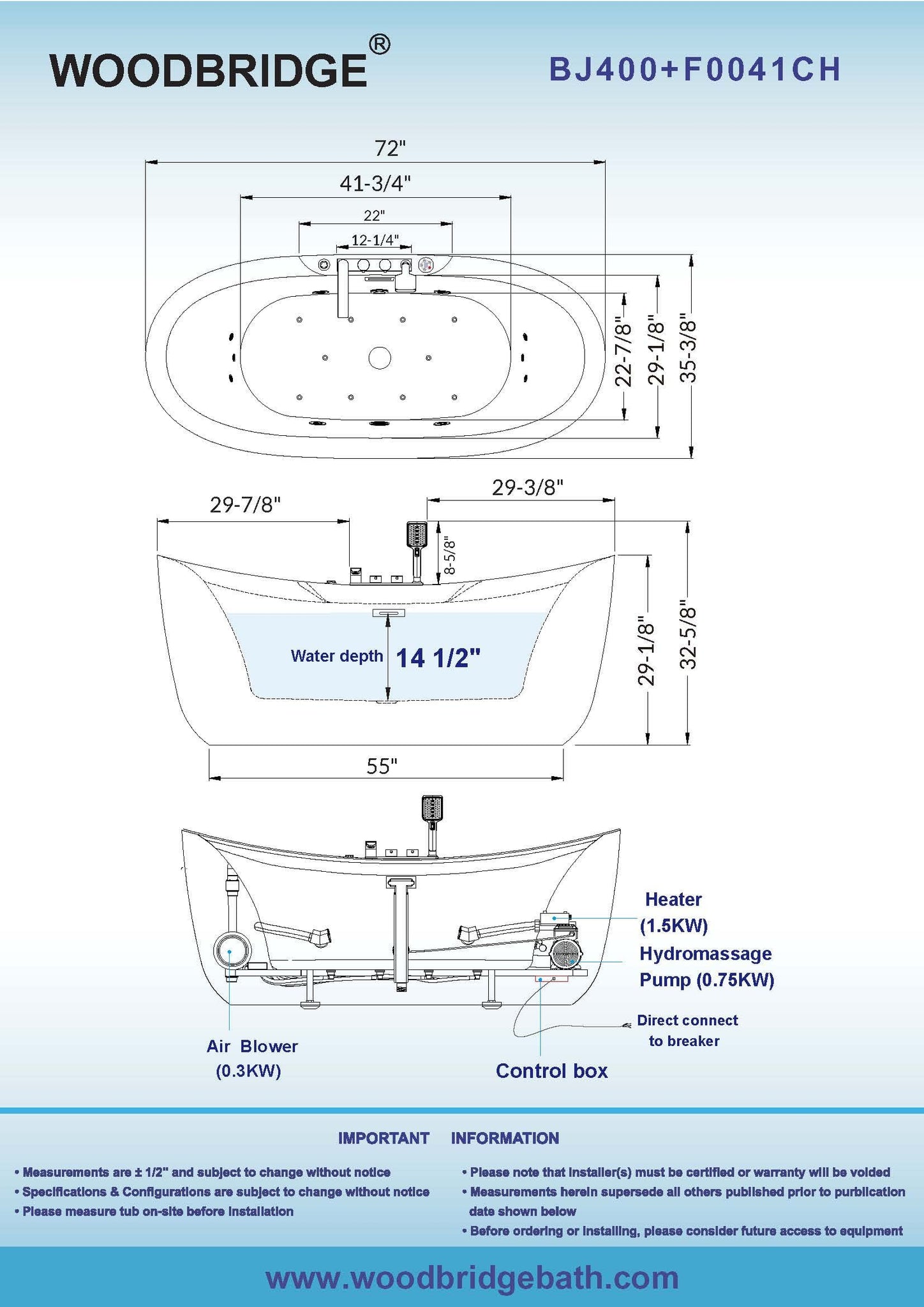 WOODBRIDGE 72" x 35-3/8" Whirlpool Water Jetted and Air Bubble Freestanding Heated Soaking Combination Bathtub with LED control panel,BJ-400