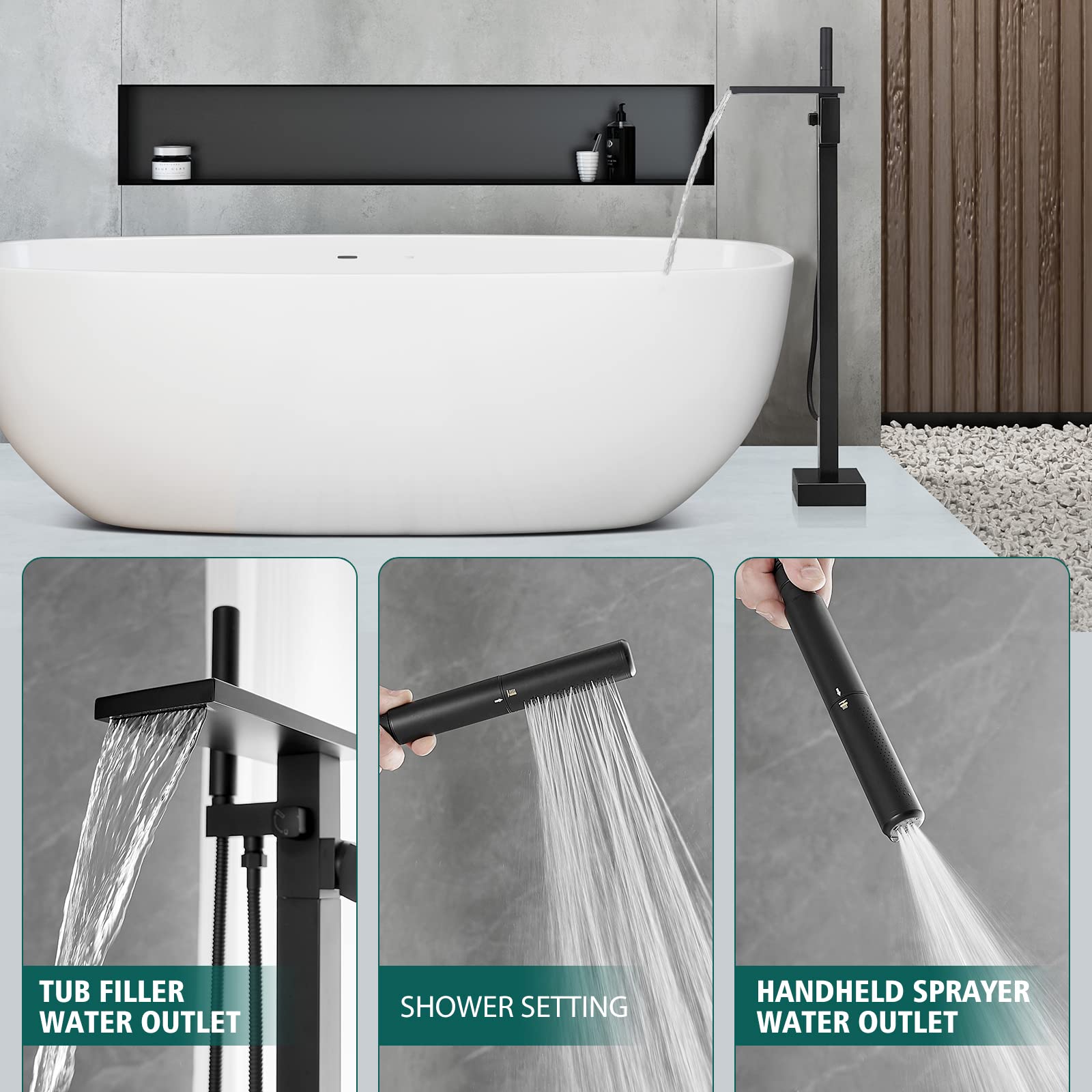 Hoimpro Freestanding Bathtub Faucet Waterfall Tub Filler Matte Black Floor Mount Brass Single Handle Bathroom Tub Faucets with 2 Function Hand Shower Wand