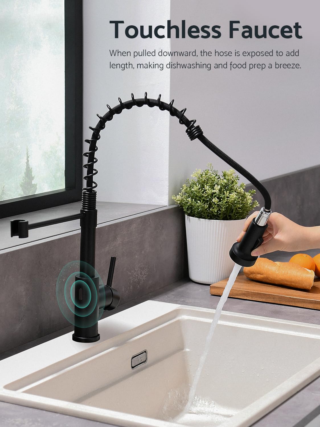 WEWE Kitchen Faucets with Pull Down Sprayer Commercial Industrial Stainless Steel Single Handle Single Hole Spring Farmhouse RV Sink Faucet, Matte Black