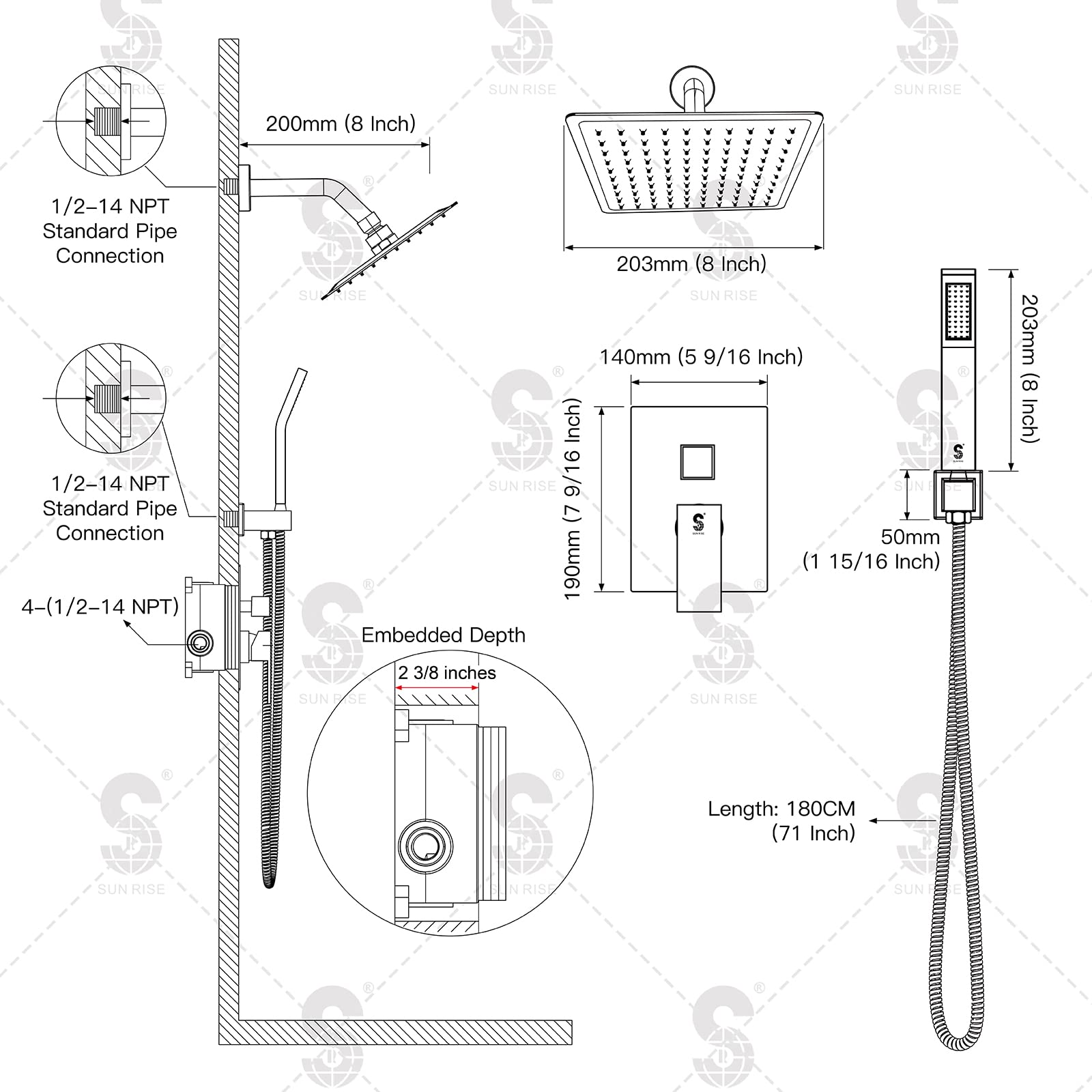 SR SUN RISE Shower Faucet Set Bathroom Square Rain Shower Head with Handheld Spray Wall Mounted Rainfall Shower Fixtures Brushed Nickel Shower Faucet Trim Repair Kits (Contain Shower Valve)