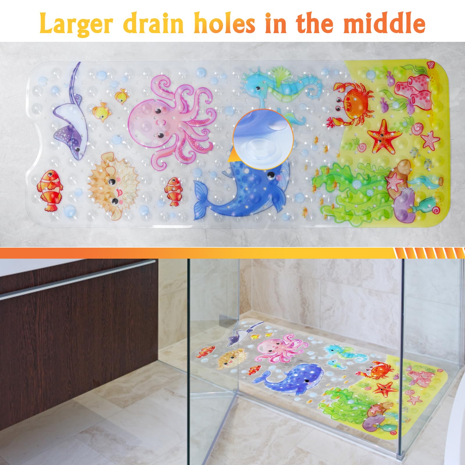 Secopad Baby Bath Mat for Tub for Kids, 40 X 16 Inch Non Slip Cartoon Bath Tub Shower Mat Anti Slip with Drain Holes and Suction Cups Machine Washable, Turtle