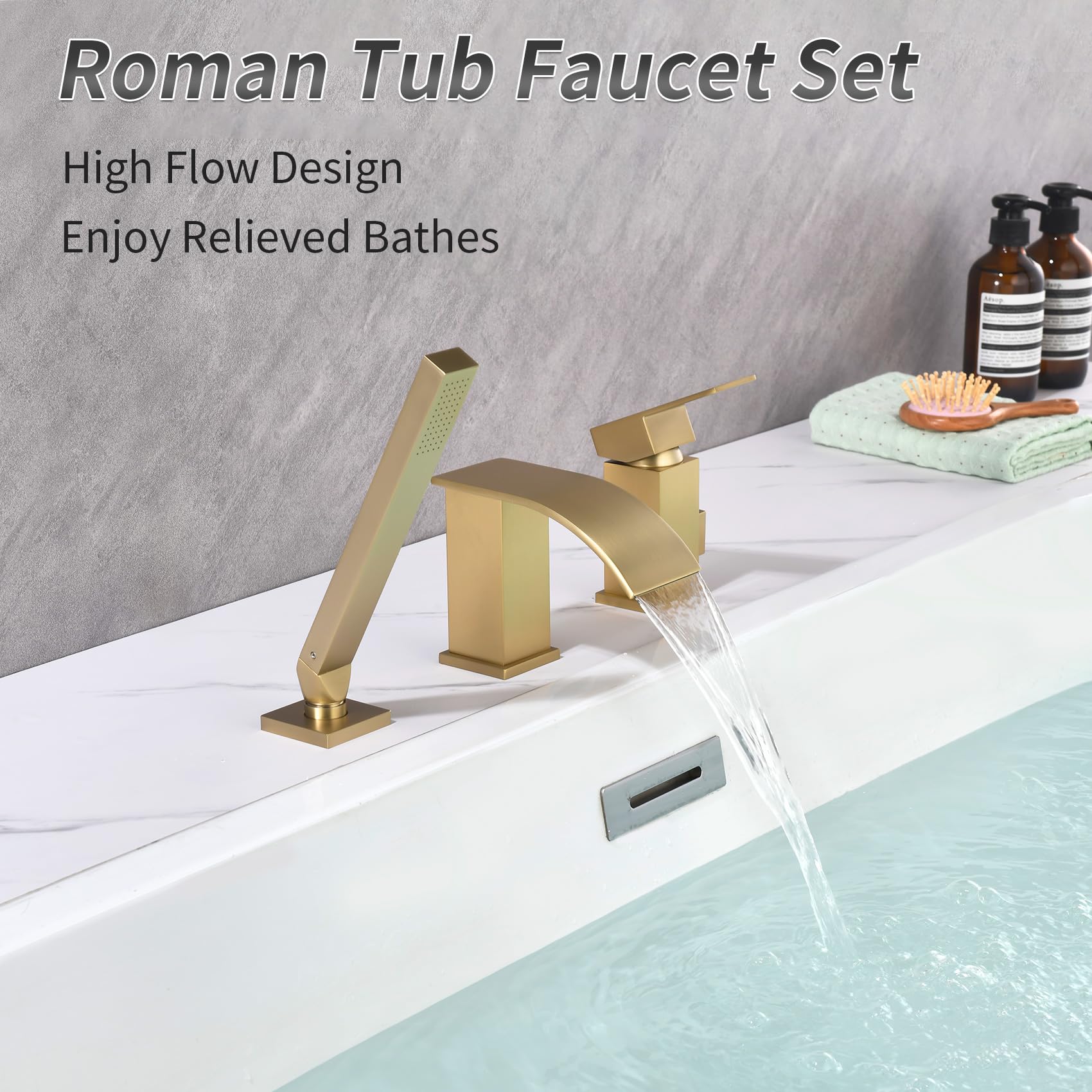 TapLong Waterfall Roman Tub Faucet with Hand Shower, Deck Mount 3 Hole Bathtub Faucet Set High Flow Bath Tub Faucet Set Deck Mount Solid Brass, Matte Black,03766B